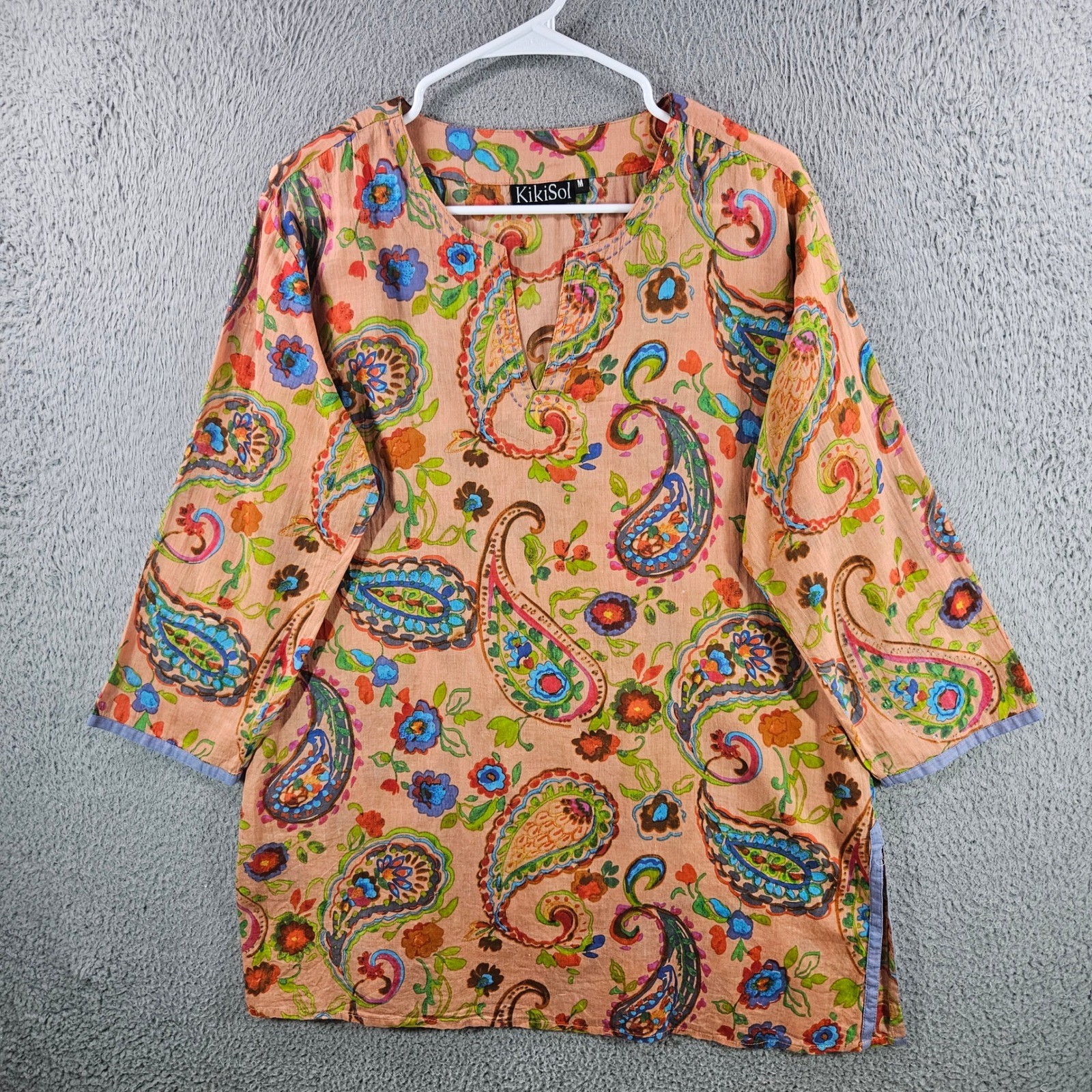 KikiSol Womens Cotton Paisley Floral Tunic Top Orange Boho Split Neck Medium