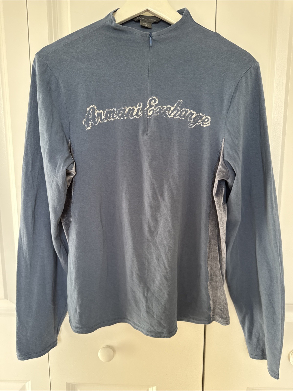 Armani Exchange Blue Half Zip Long Sleeve Top Velvet Accents Size XL