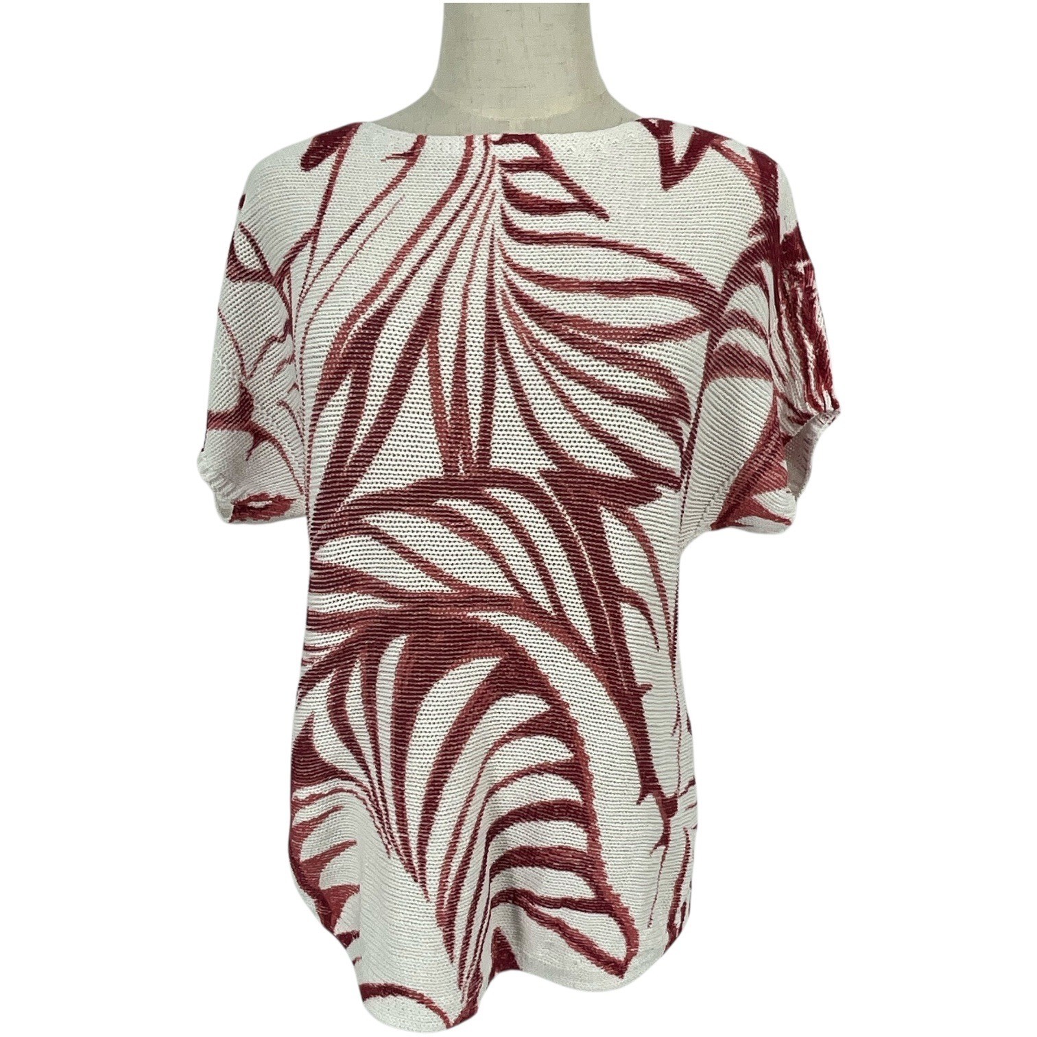Chicos Palm Leaf Knit Top Short Sleeve Pullover Sz 0 XS Us 2 Beach Linen Blend