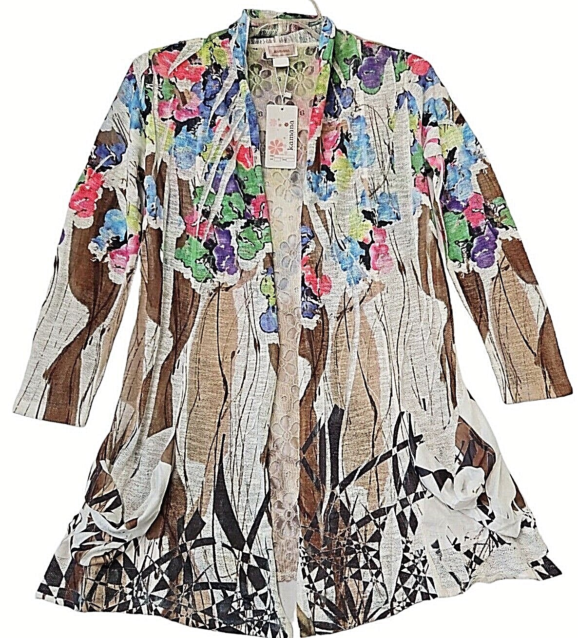 Kamana Cardigan Womens Large White Blue Multi 3/4 Sleeve Sheer Pockets Daisy New