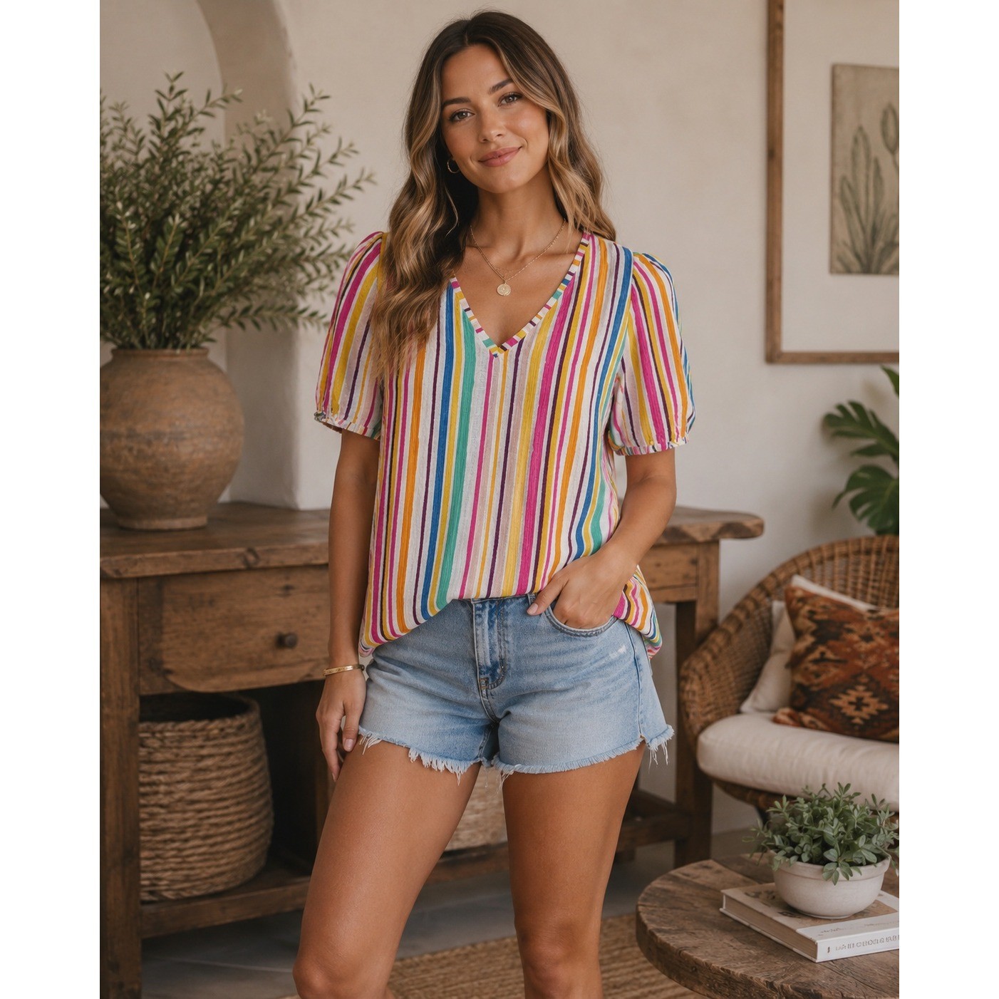 Zara Top Womens Small Multicolor Striped V Neck Retro Boho Artsy