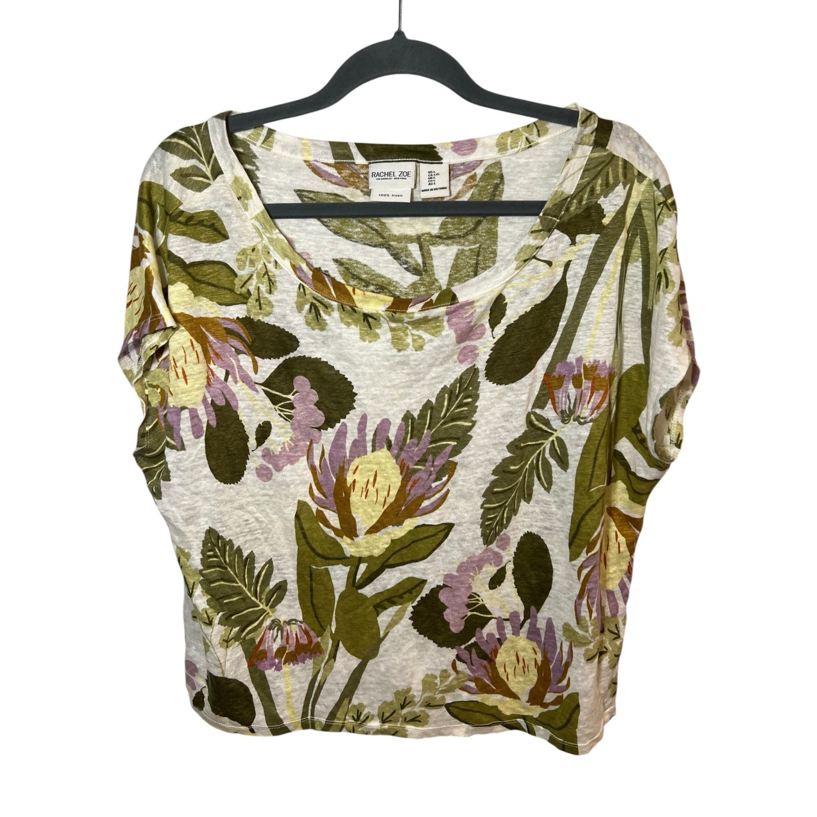 Rachel Zoe 100% Linen Floral Tropical Boxy Scoop Neck Summer Boho Coastal Large