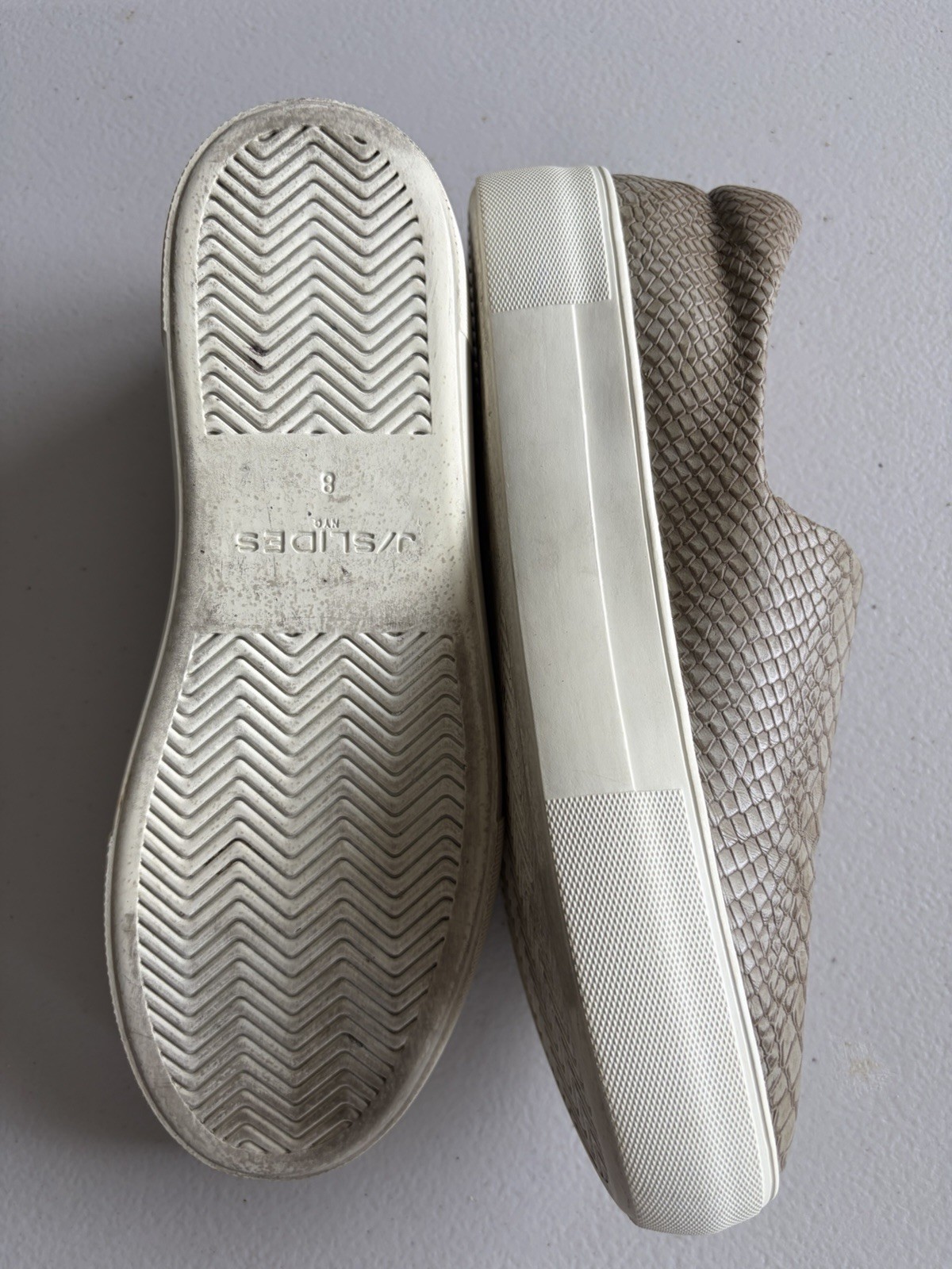 J/Slides NYC Women’s Platform Slip On Sneakers Snakeskin Embossed Metallic Taupe