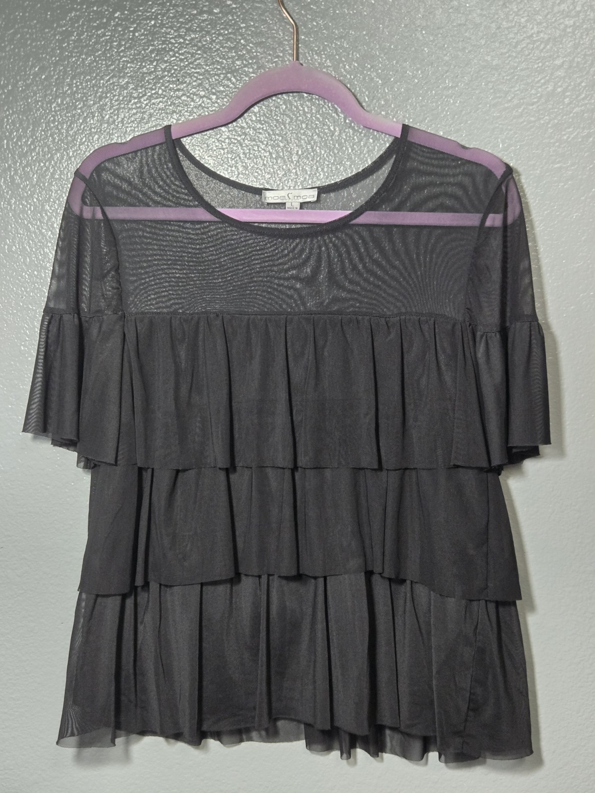 Sheer L Black Tiered Ruffle Top Flowy Lined Sheer Cape Sleeve