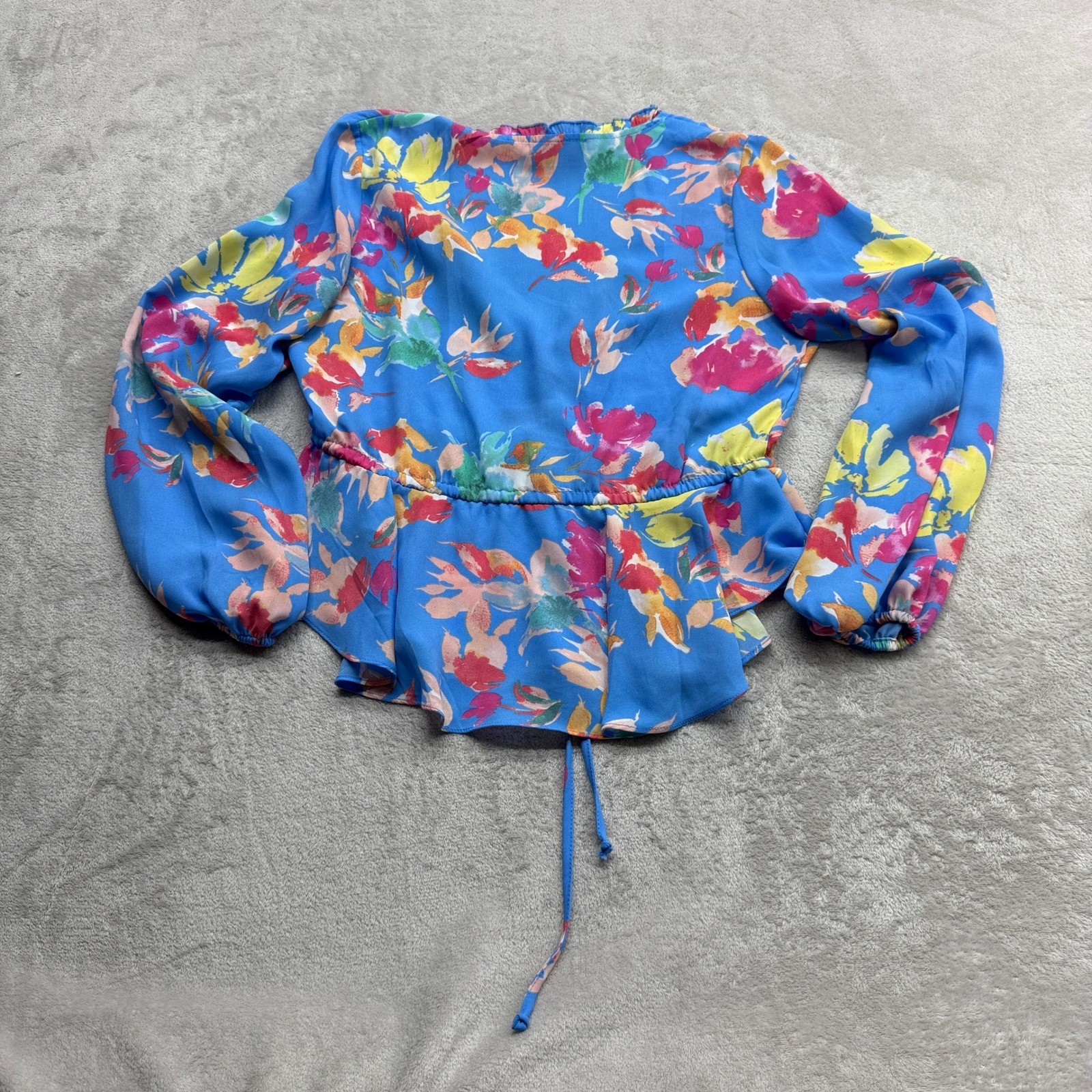 VICI Floral Peplum Blouse Womens Small Blue V-Neck Balloon Sleeve Boho Festival