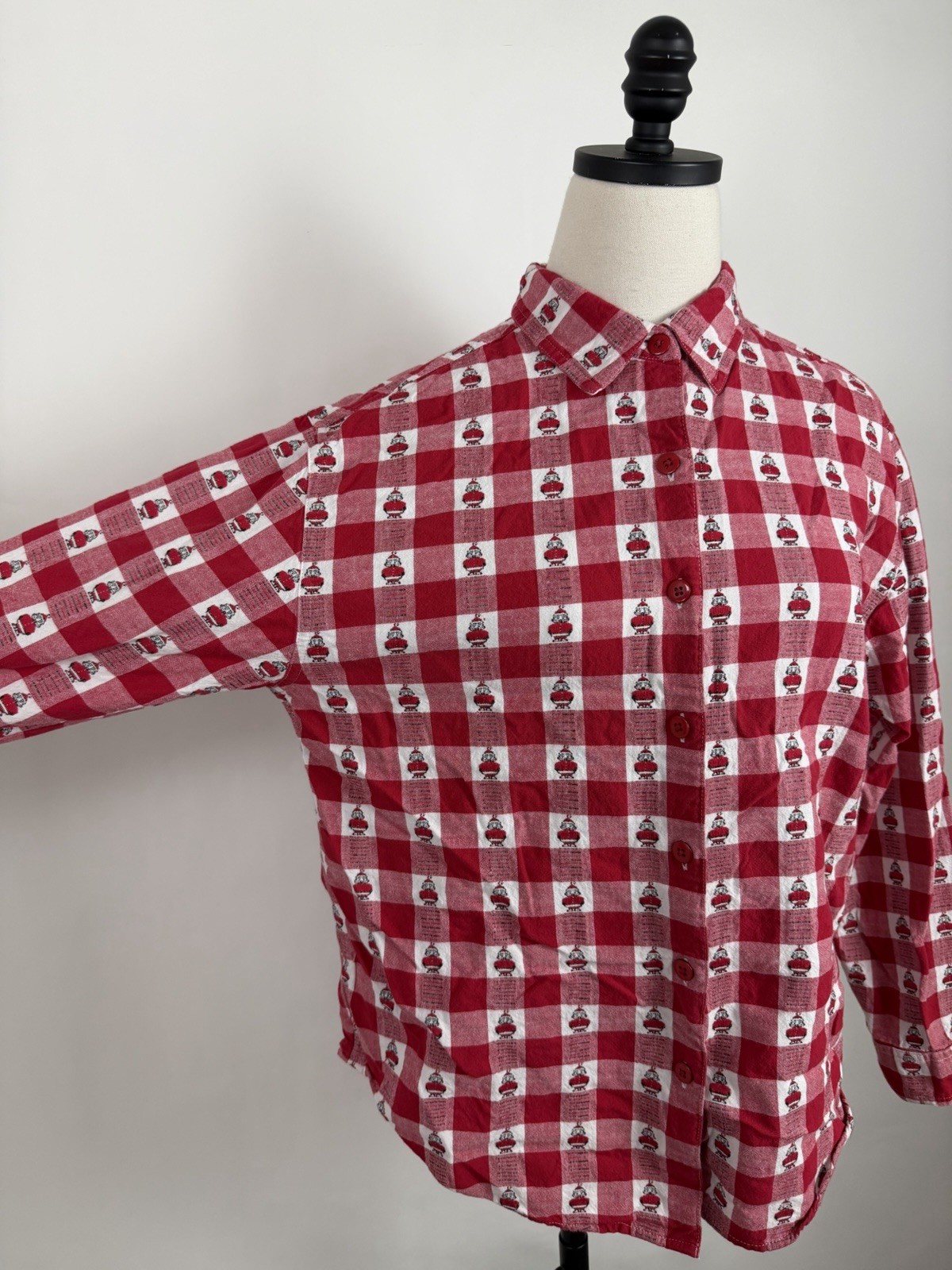Vintage Christmas Shirt Womens Medium Holiday Santa Claus Red Gingham Plaid 90s