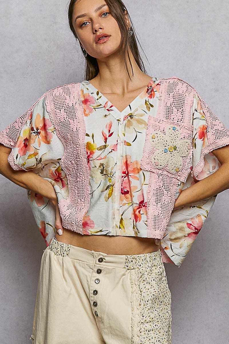 POL Clothing Women’s Floral Printed Crochet Lace Top in Pink Ivory