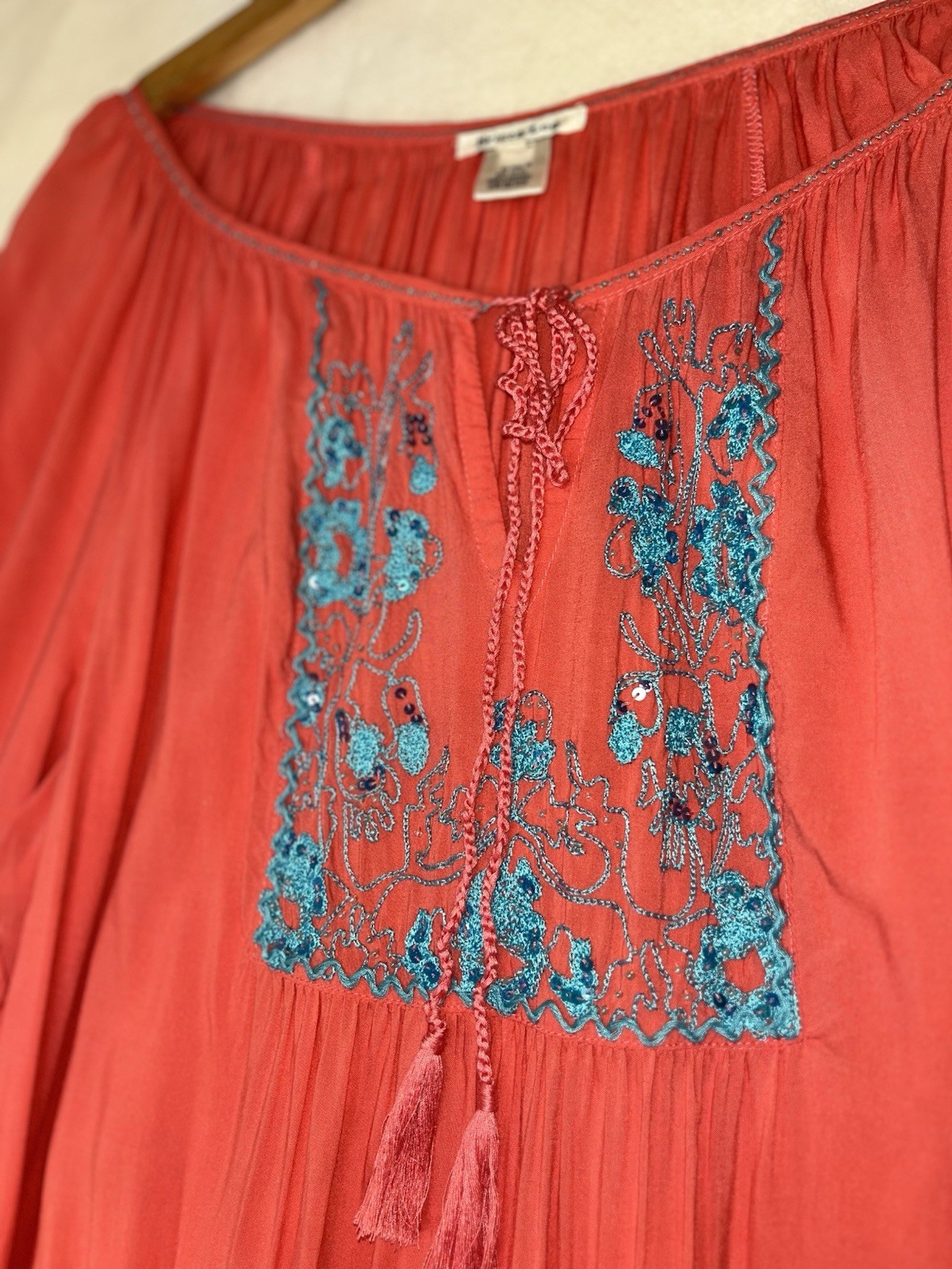 Krista Lee Embroidered Tunic Top XL Beaded Tassels Orange Off The Shoulder