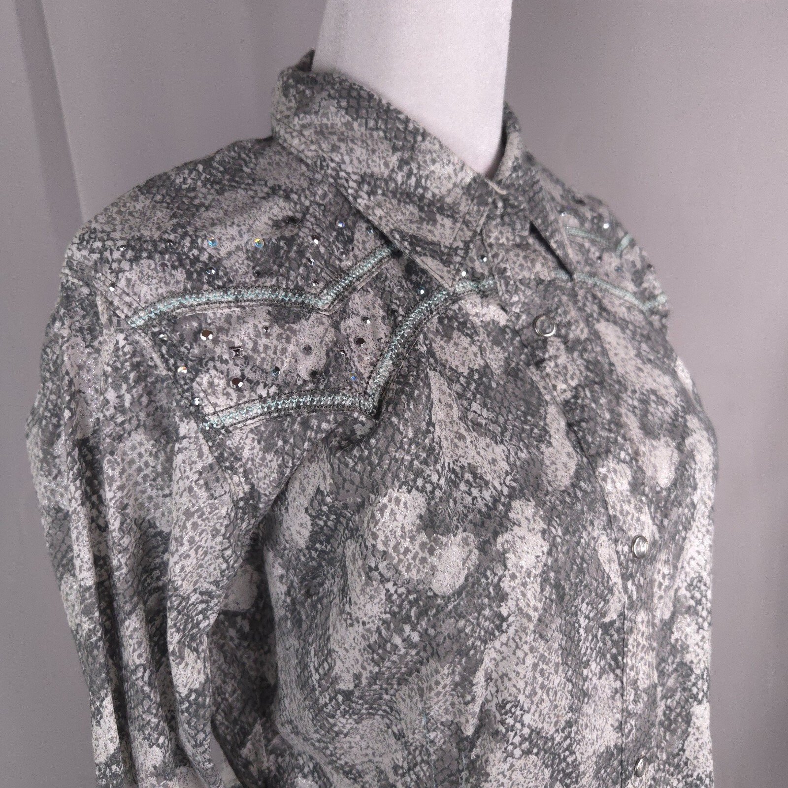 Rock 47 Shirt Womens M Gray Metallic Snake Print Studded Sequin Western Glam