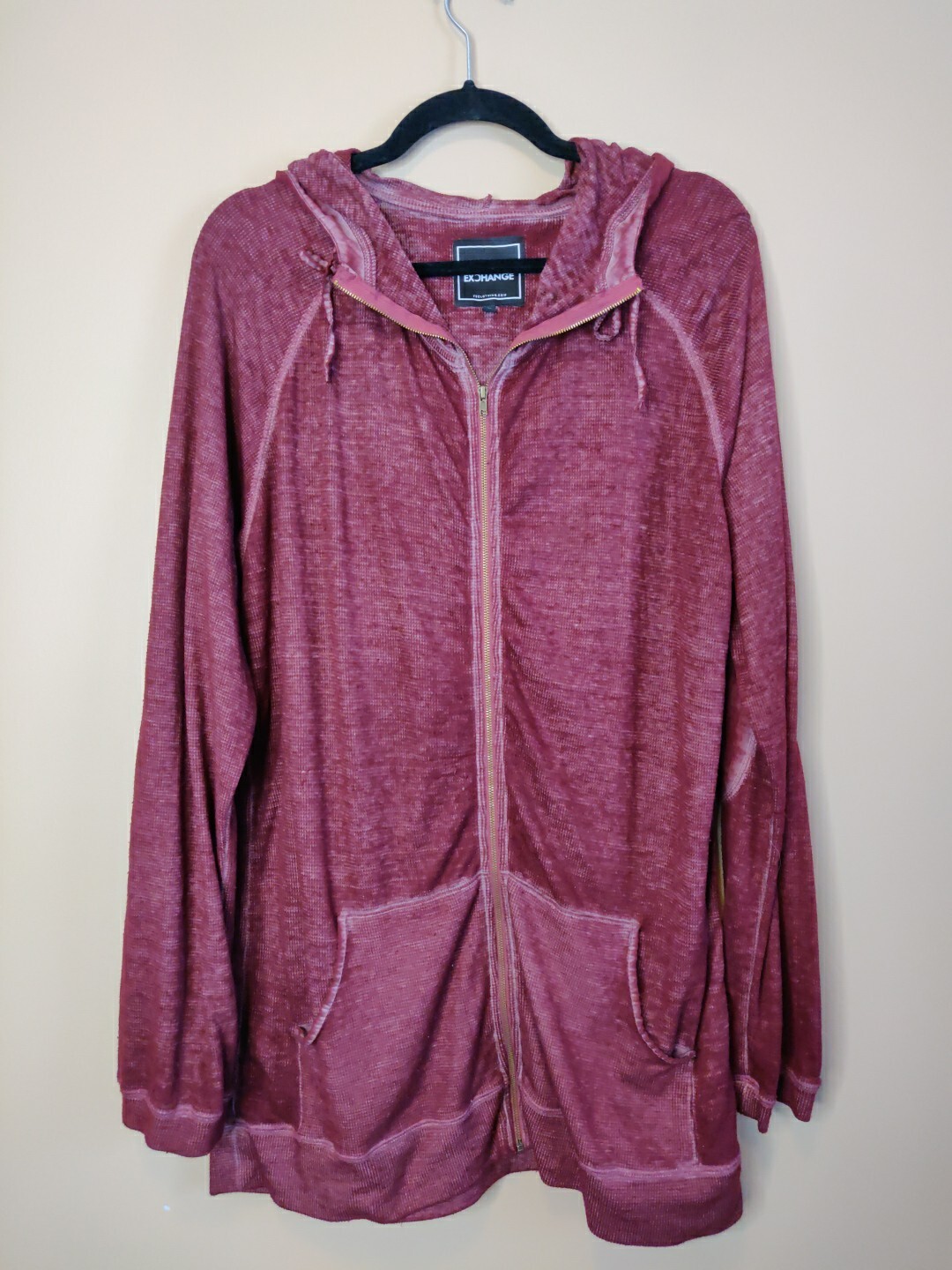 Foreign Exchange women’s XL hooded top maroon full zip long sleeves pockets
