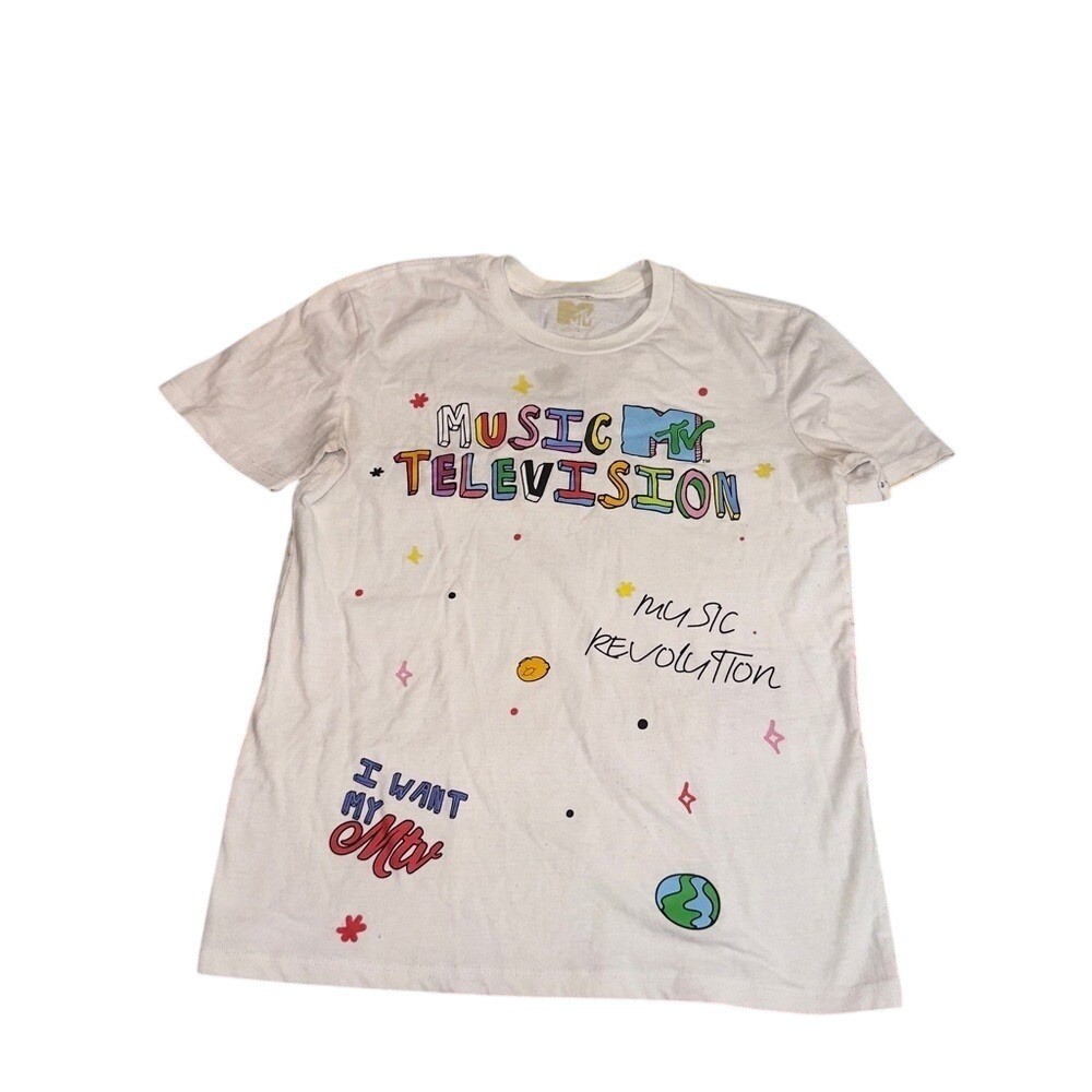 MTV Graphic T-Shirt White Multicolor Music Revolution Womens Size Small