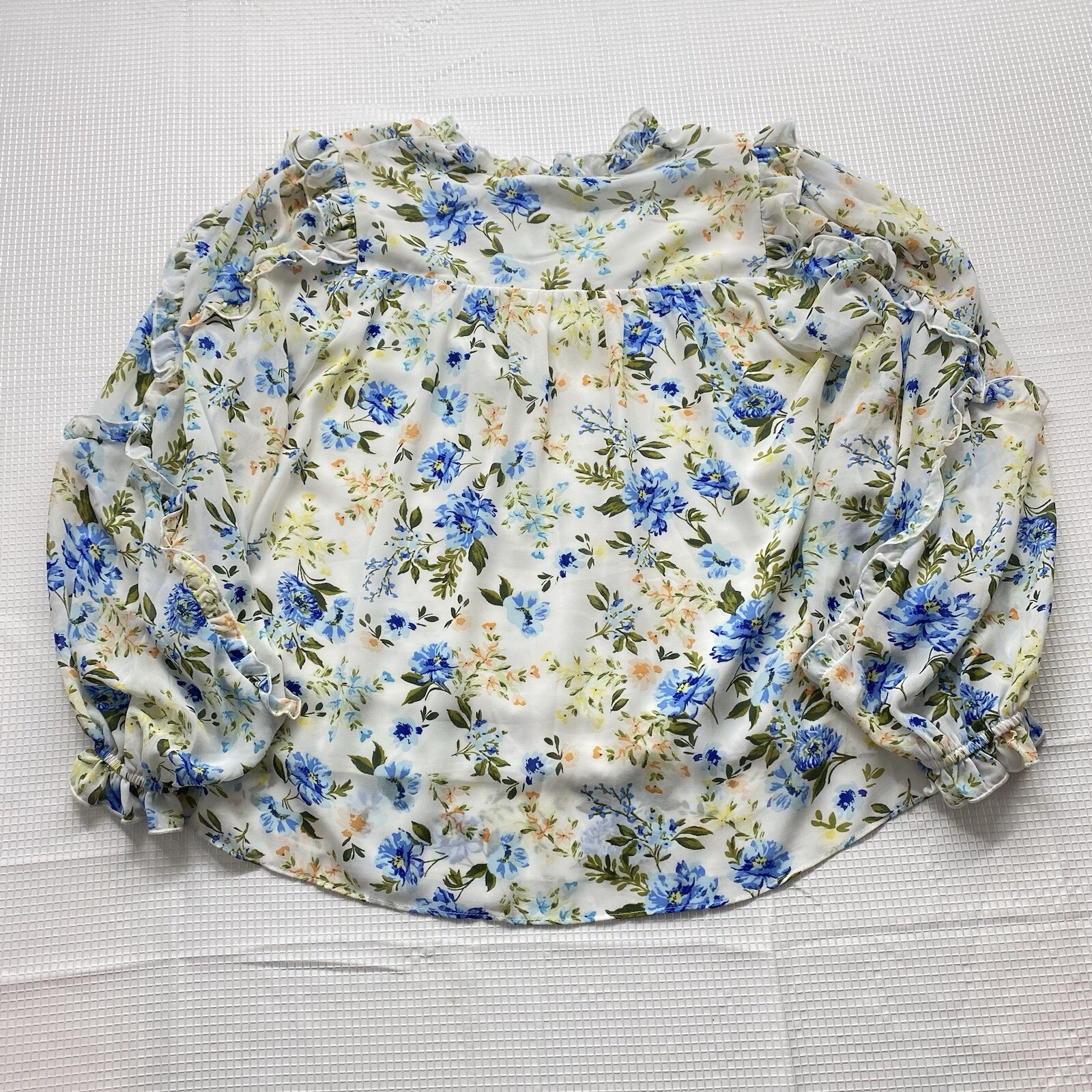 Sugar Lips Blouse Womens Small Balloon Sleeve Blue Floral V-Neck Ruffle Top