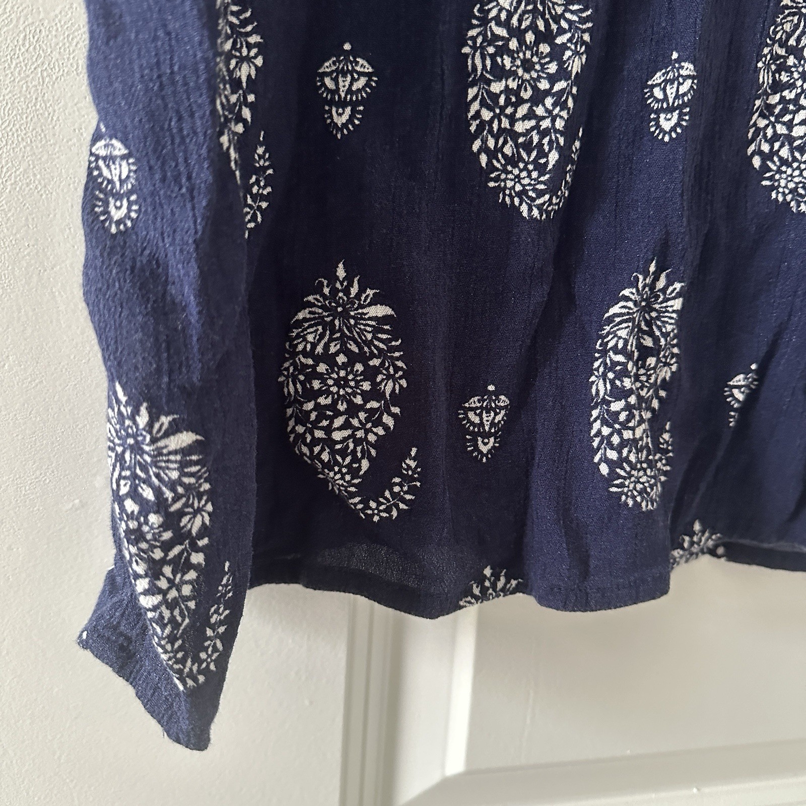 Como Vintage Navy Blue Boho Ruffle Sleeve V-Neck Blouse Women’s Size Large Hippy