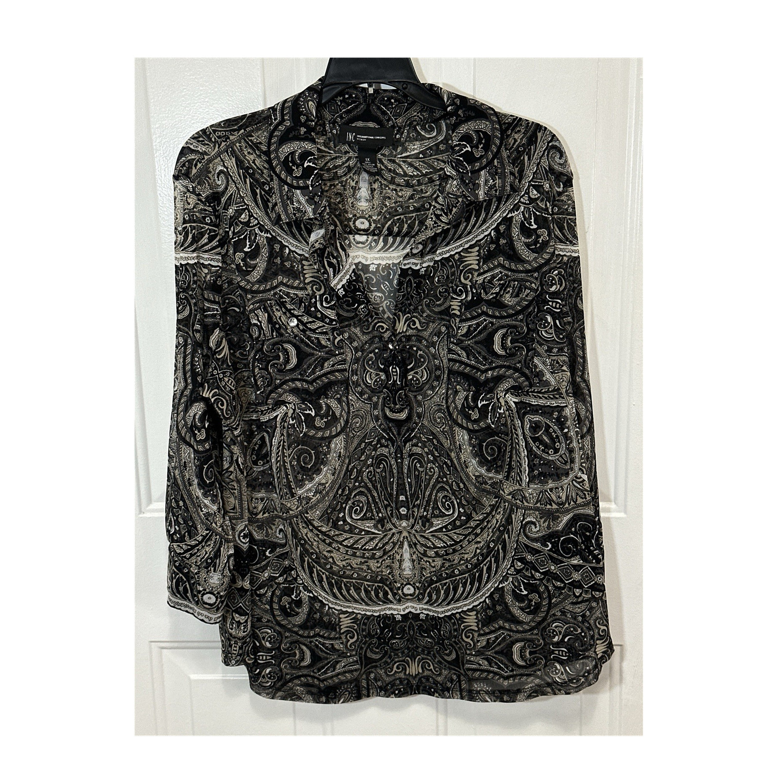 INC International Concepts Paisley Sheer Chiffon Button Front Blouse 1X