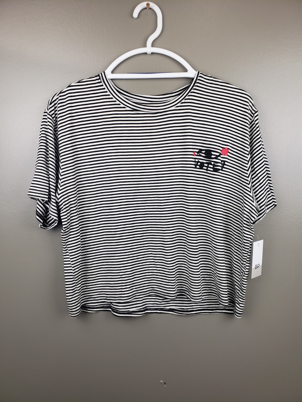BP Voted Cropped Shirt Womens Size Medium Black White Striped Short Sleeve Nwot