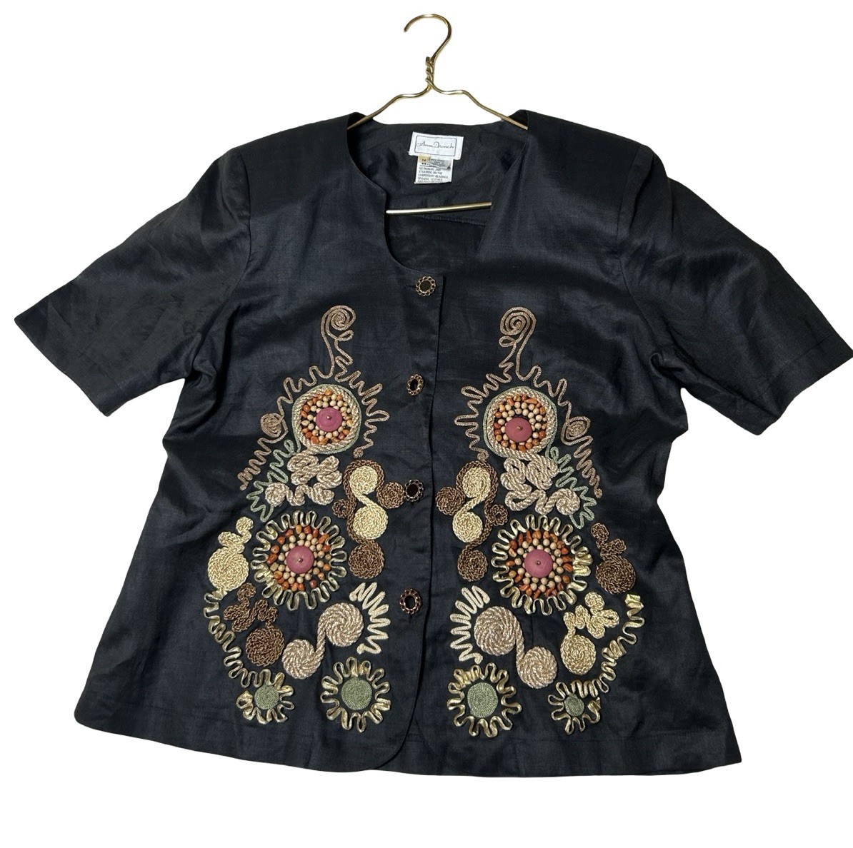 VTG Anne Frenck Embellished Button Down Ramie Tailored Blouse Sz 14 Black Unique