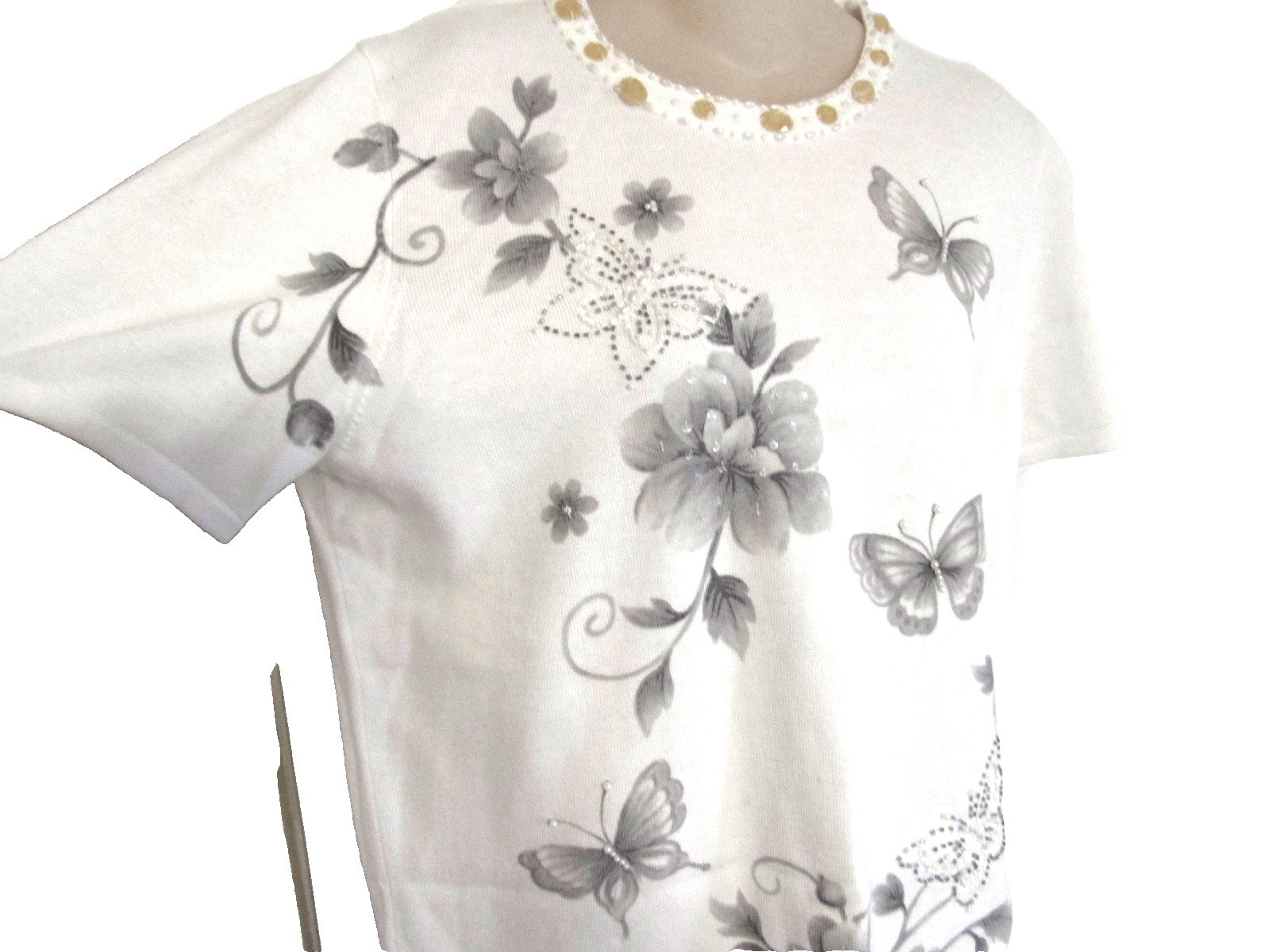 NWOT ALFRED DUNNER WHITE EMBELLISHED Cotton Blend Casual Top S/S SWEATER SZ: PL
