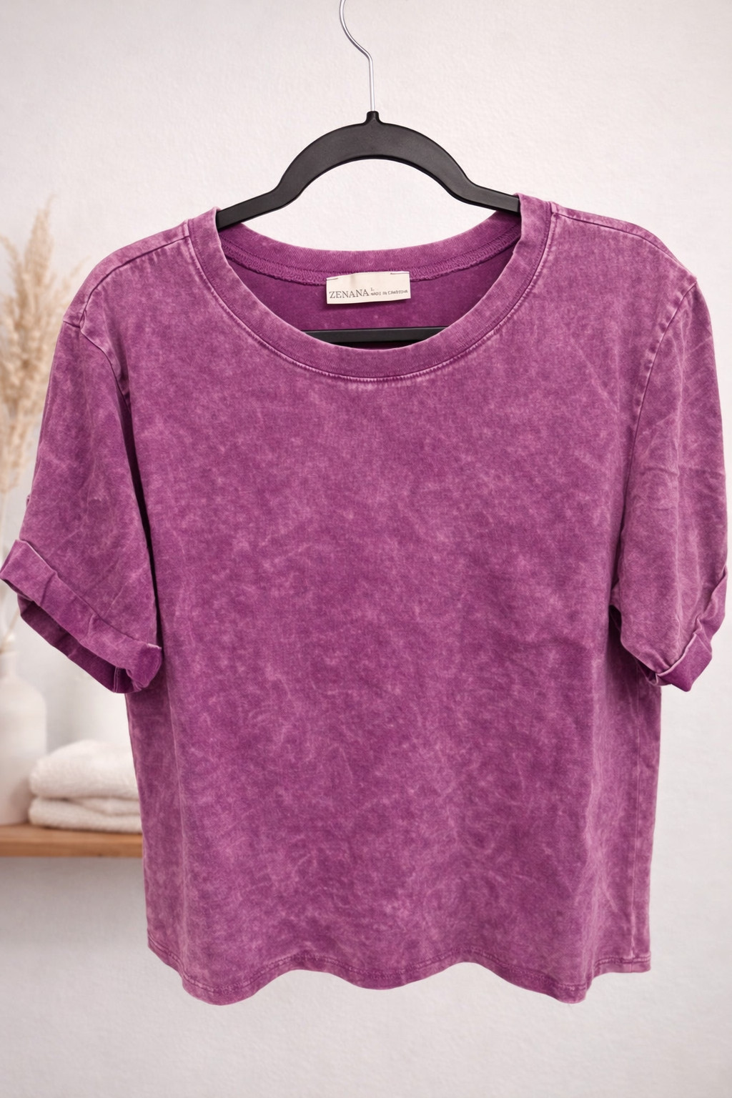 Zenana Plum Acid‑Wash Cotton Tee – Size Large, Rolled Sleeves-100% Cotton