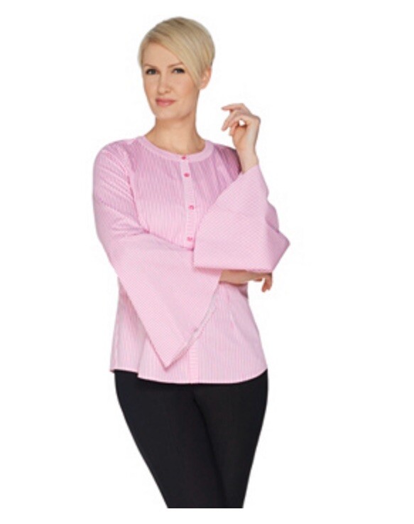Linea by Louis Dell’Olio Pinstripe Shirt with Tulip Sleeves Pink/White 10 A30260