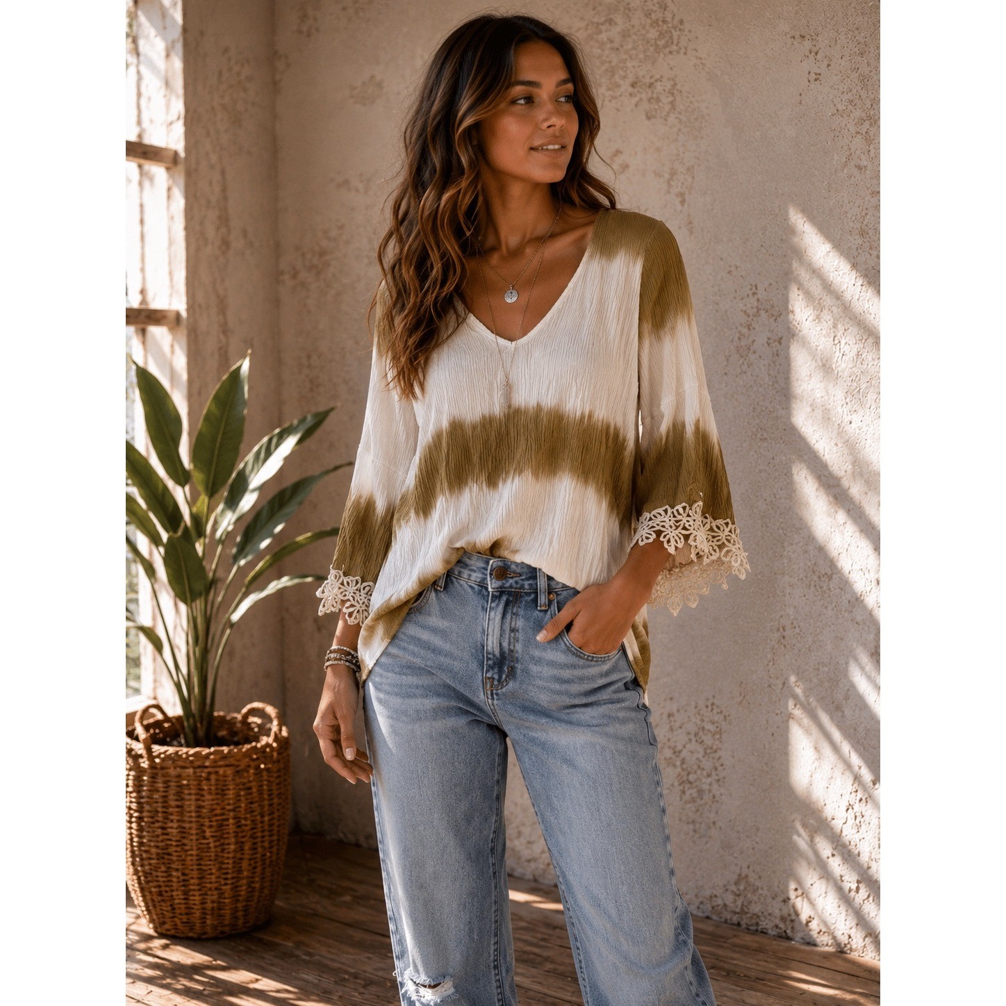 Vizio Womens Tie Dye Tunic Top Olive Green Cream Crochet Bell Sleeve Open Back S