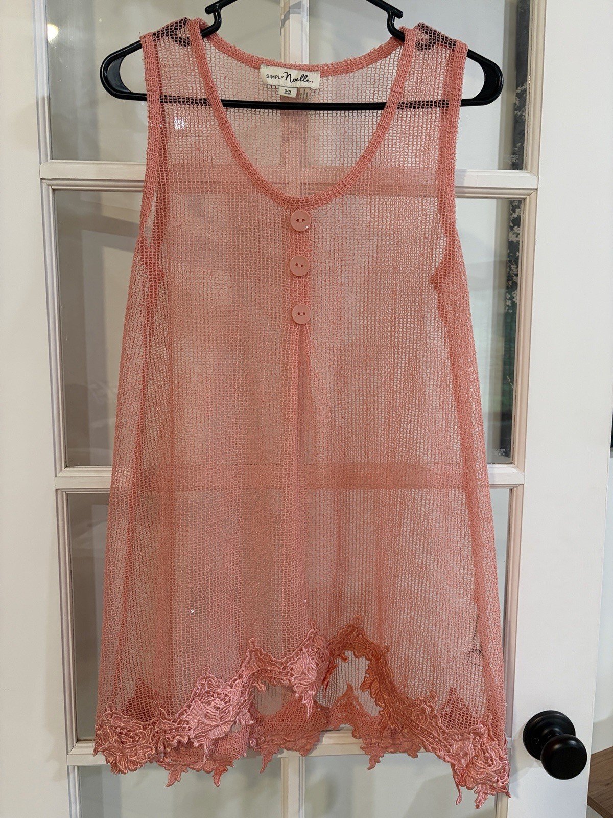 Simply Noelle Mesh Sleeveless Tunic Top Pink Sequin Lace Hem Layering Beach S/M