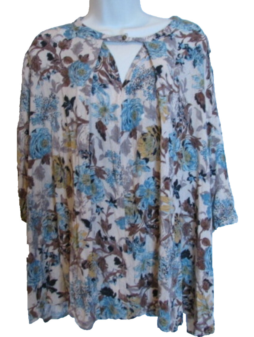 Women’s Beige Brown & Blue Floral Boho Tunic Blouse XL