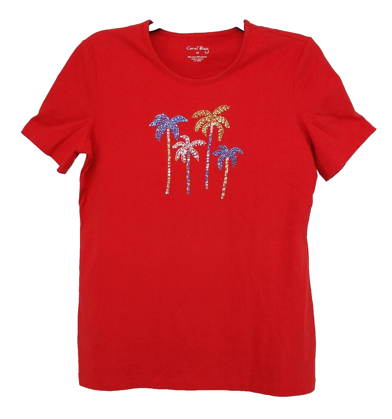 Coral Bay Shirt Womens Medium Red Beaded Palm Trees Short Sleeve Pullover Top