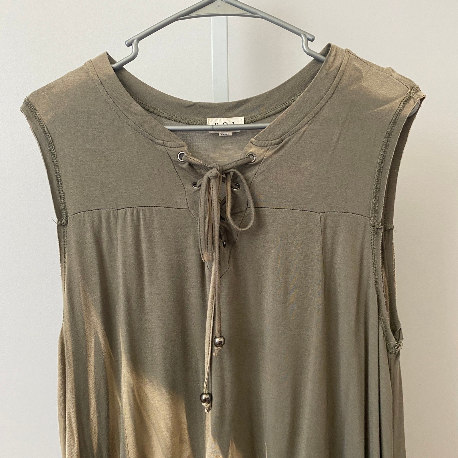 POL Boho Flowy Relaxed Lagenlook Earth Colors Sleeveless Tunic Top Small Olive