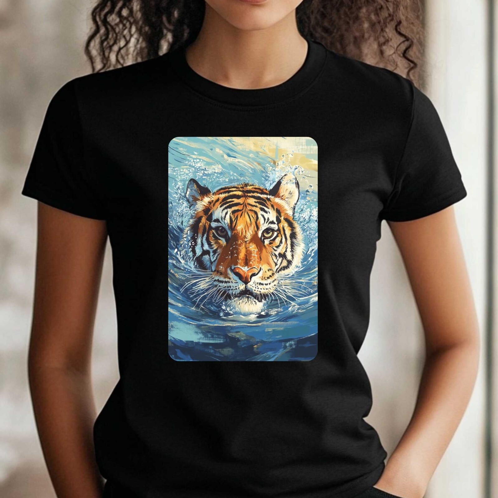 Women Tiger Swimming in Ocean Motif Cotton T-Shirt Size XS to 3XL