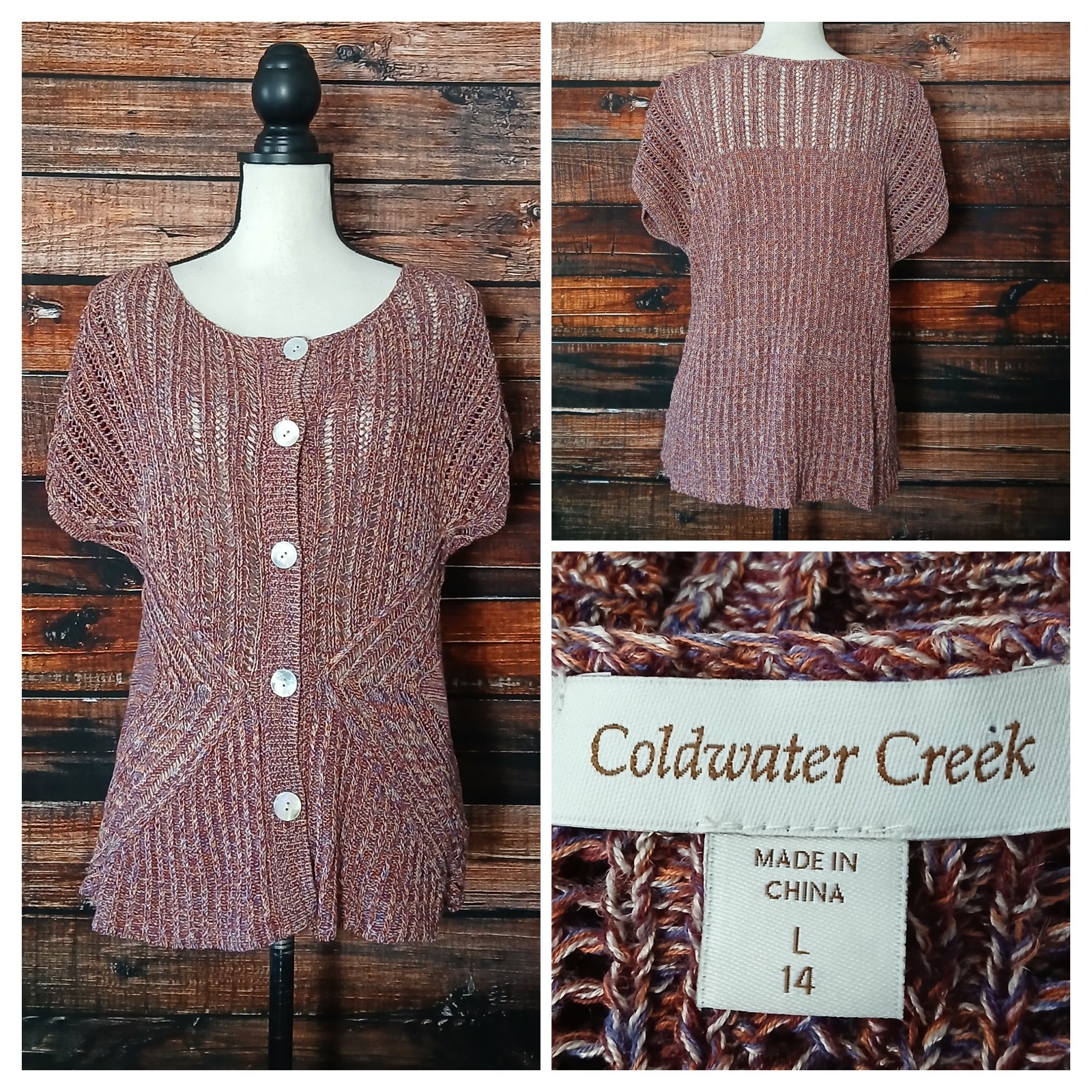 Coldwater Creek Knit Top L Linen Blend Short Sleeve Sweater Shell Button Marled