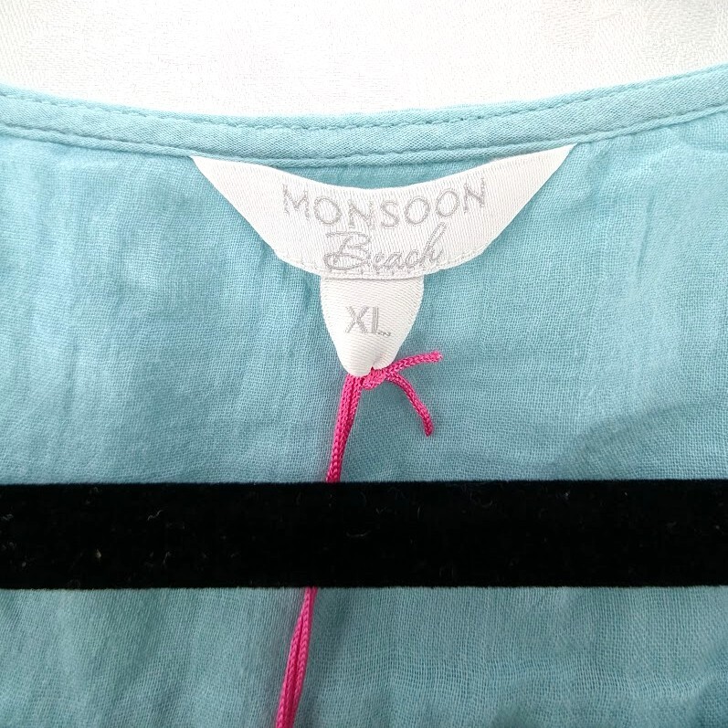 Monsoon Beach Tunic Top Coverup Womens Size XL Aqua Pullover Tie Cotton NEW NWT
