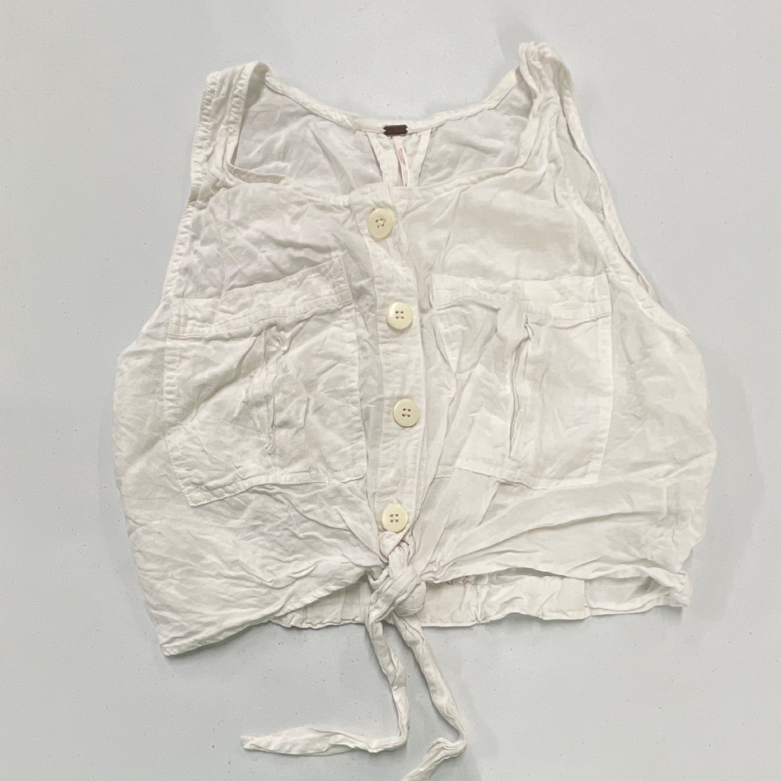 Free People White Linen Blend Cropped Sleeveless Button Tie Waist Blouse Women M