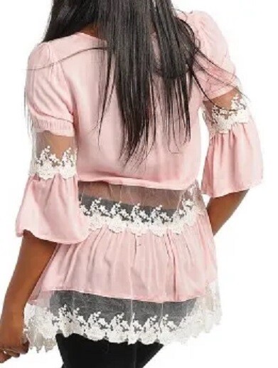 Pink Pleated Button Front Placket Lace & Crochet Applique Inset 1/2 Sleeve Top