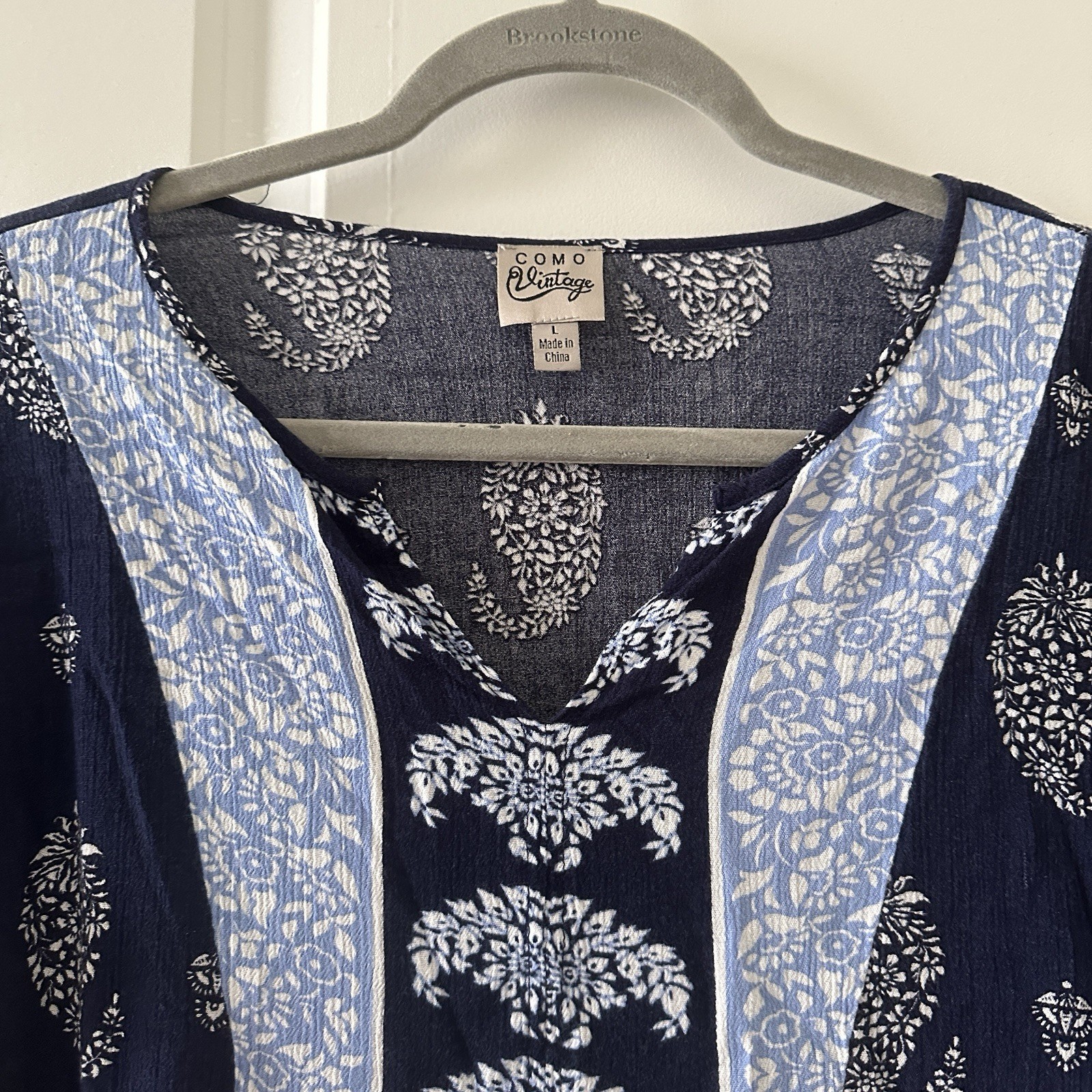 Como Vintage Navy Blue Boho Ruffle Sleeve V-Neck Blouse Women’s Size Large Hippy