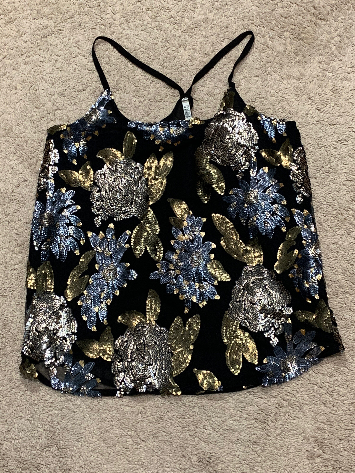 BB Dakota Womens Shirt Size Small Black Strappy Floral Sequins Flowy Top