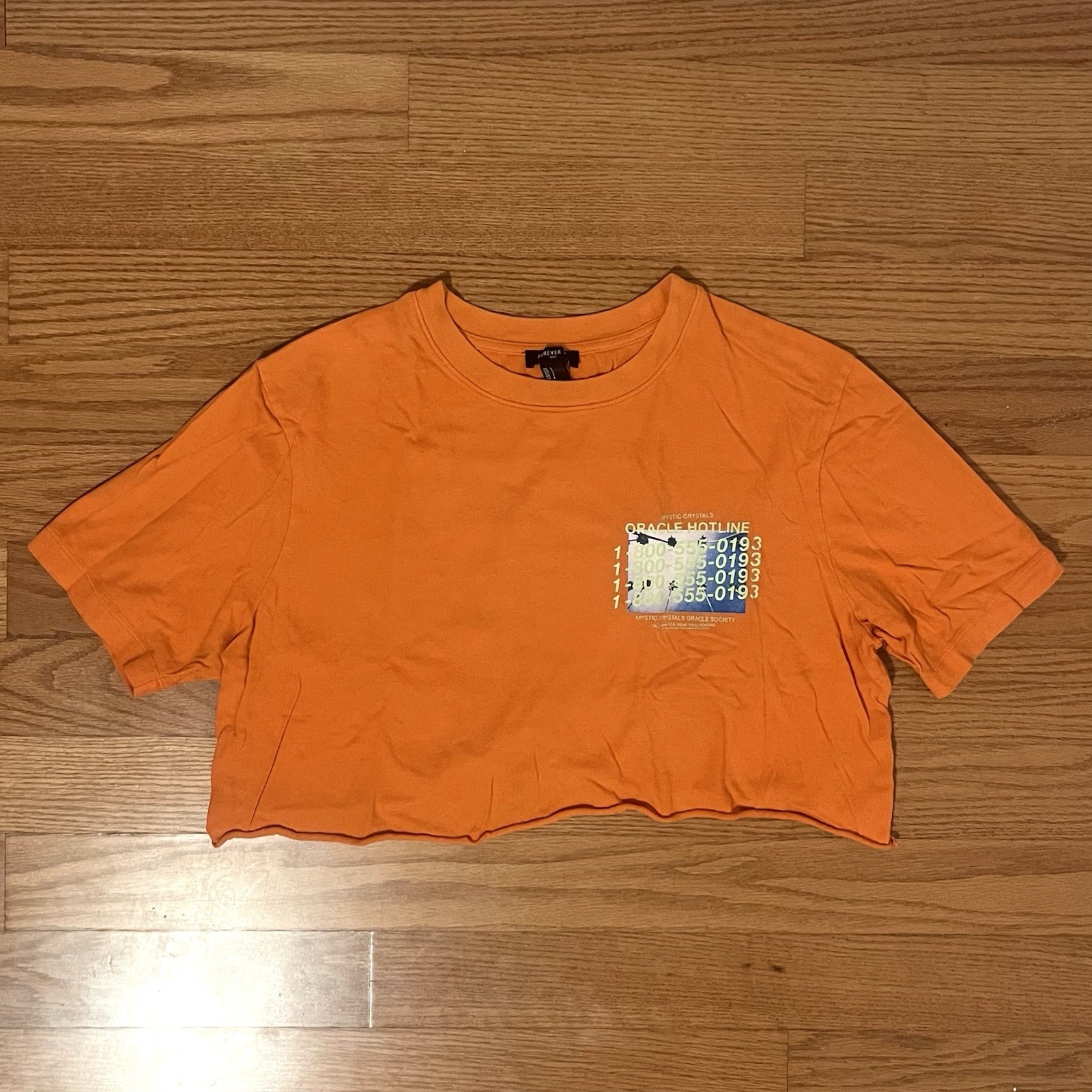 Forever 21 ‘ORACLE HOTLINE’ graphic orange cropped tee, size L