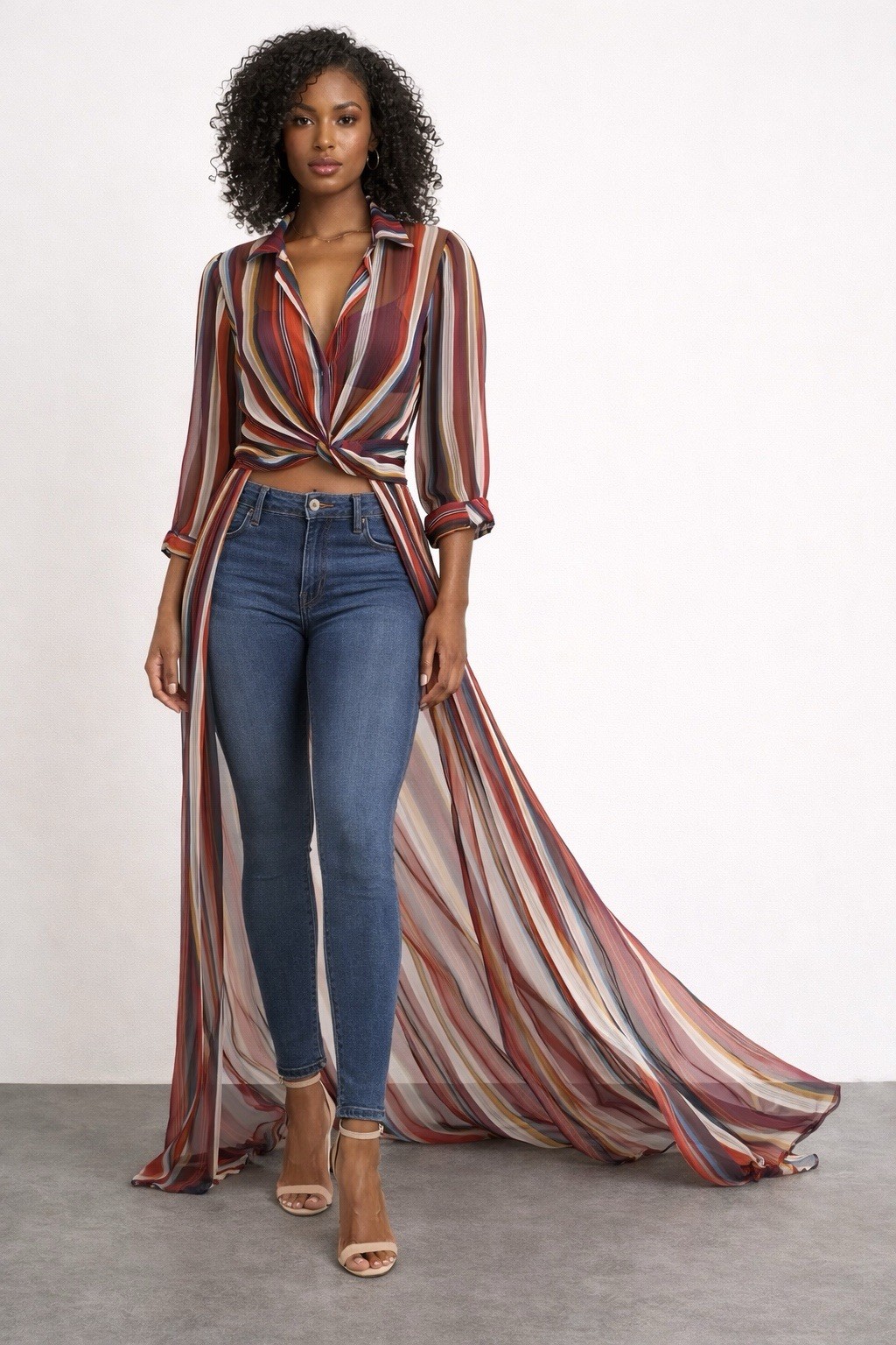 Pastel Striped Twist Front Hi Low Tunic Top M Long Sleeve