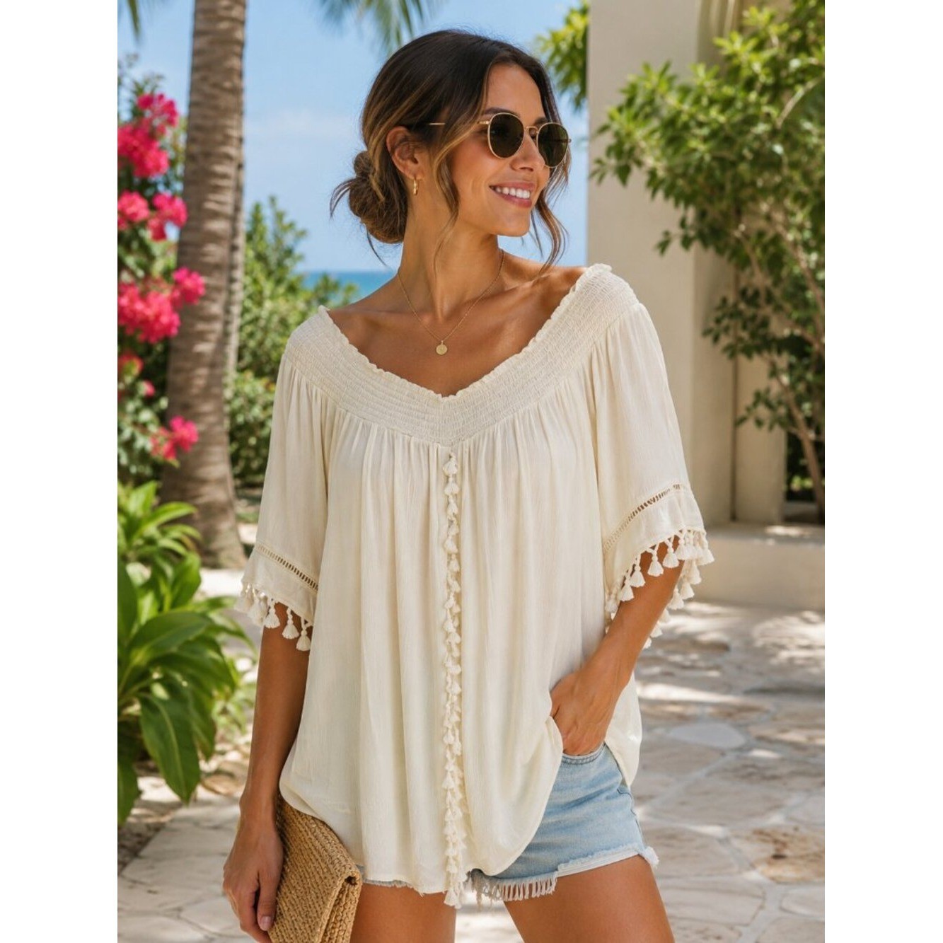 Women’s XL Ivory Boho Peasant Top Tassel Smocked Neck Rayon Festival 1253