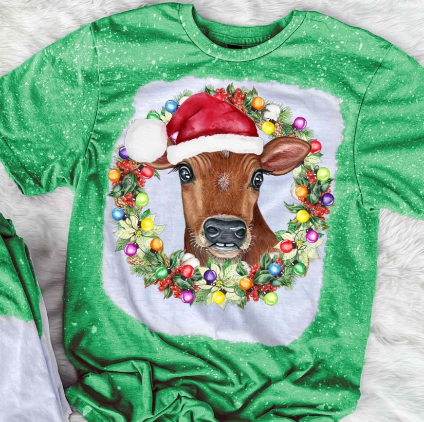 Christmas Cow Shirt Cute Farm Animal Santa Hat Cow Holiday Bleached Tee Gift