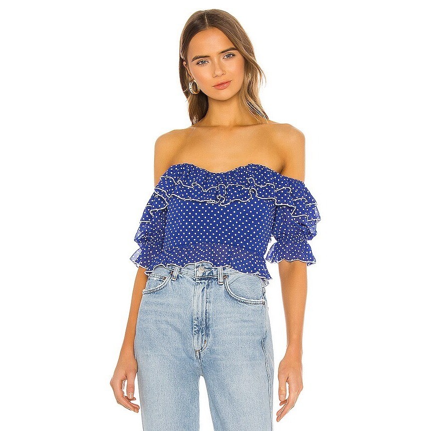 Lovers + Friends Blue Polka Dot Ruffle Off The Shoulder Crop Top Small