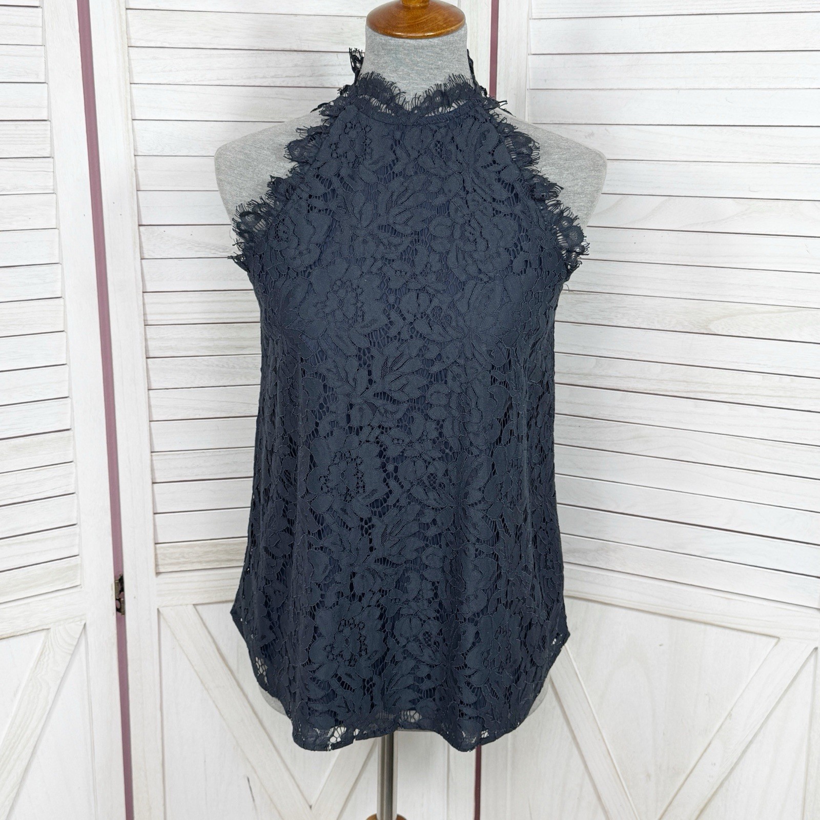 Olivia Grey Floral Lace Mock Neck Halter Top Camisole Blouse Navy Blue XS