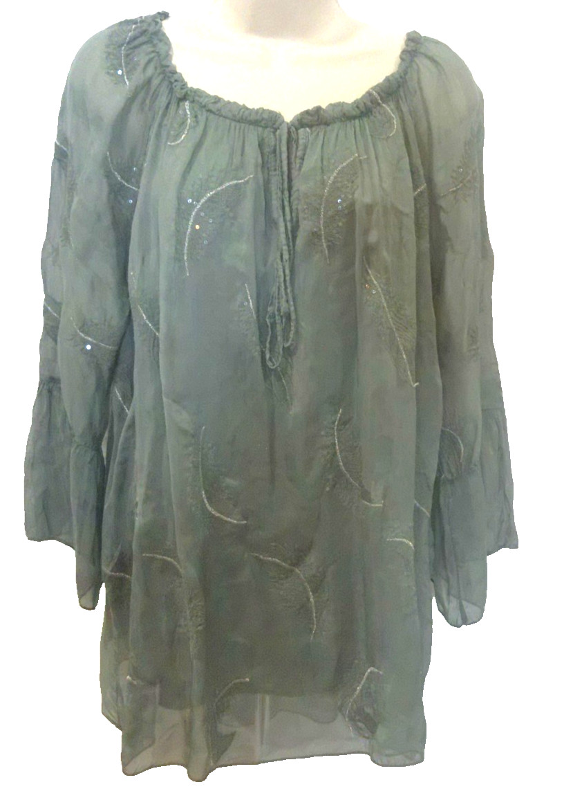 Belle France Women’s Olive Green Embroidered Tunic Blouse w/Bell Sleeves Medium