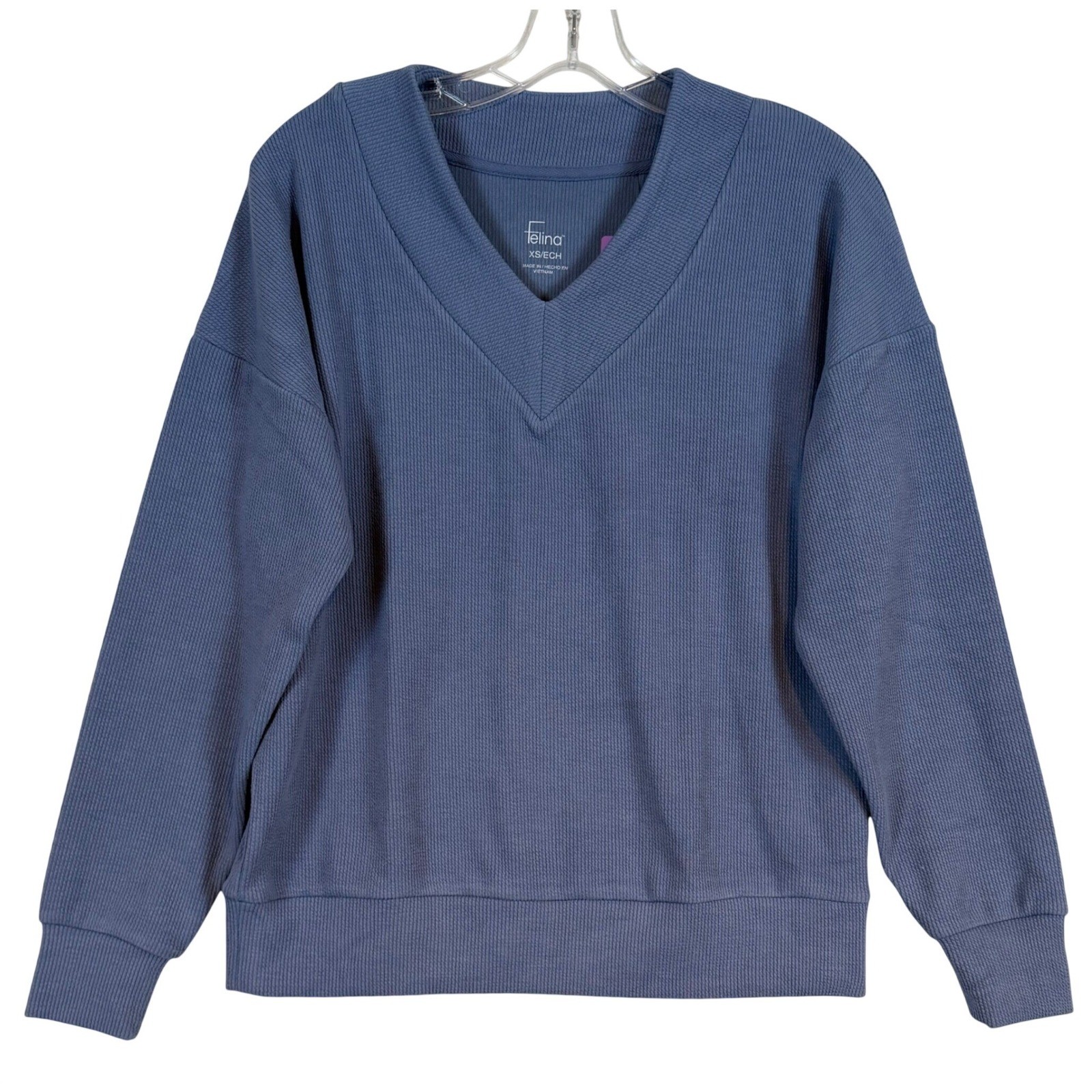 Felina Womens Blue Stonewash Ribbed V-Neck Long Sleeve Pullover Top XS NEW Layer