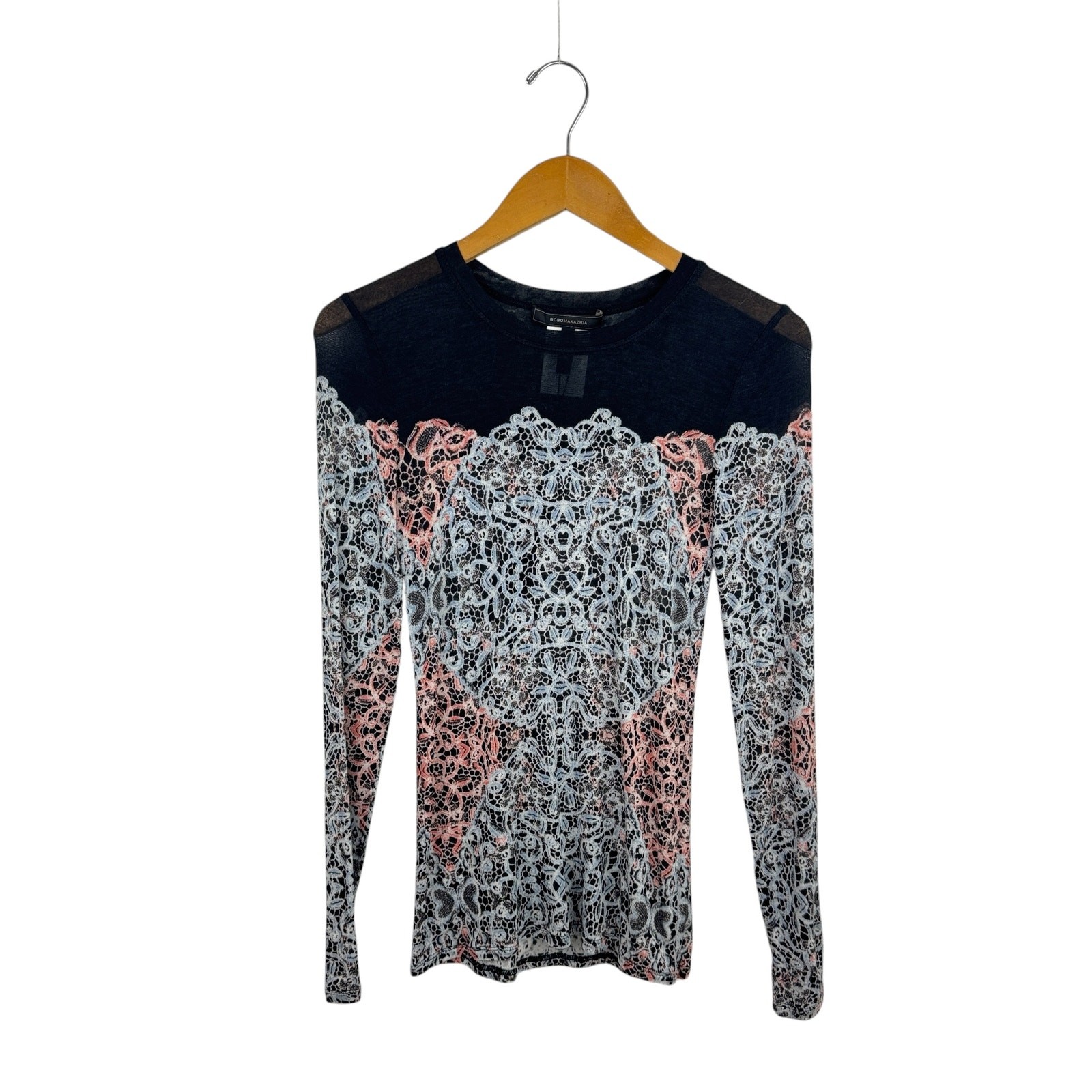 NWT BCBGMaxAzria Sheer Lace Print Agda Top S Slim Y2K Black
