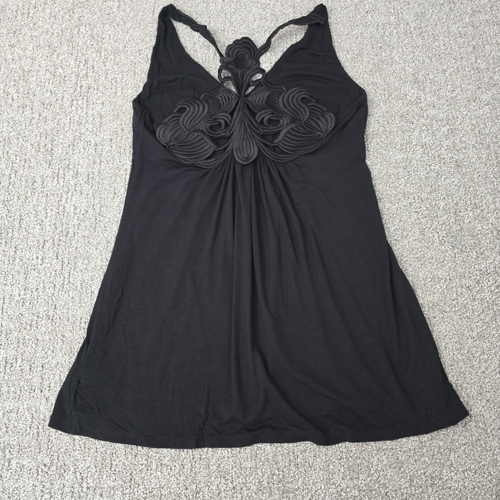Vtg Twenty One Black Embroidered Back Babydoll Tank Top M Boho Festival Y2K