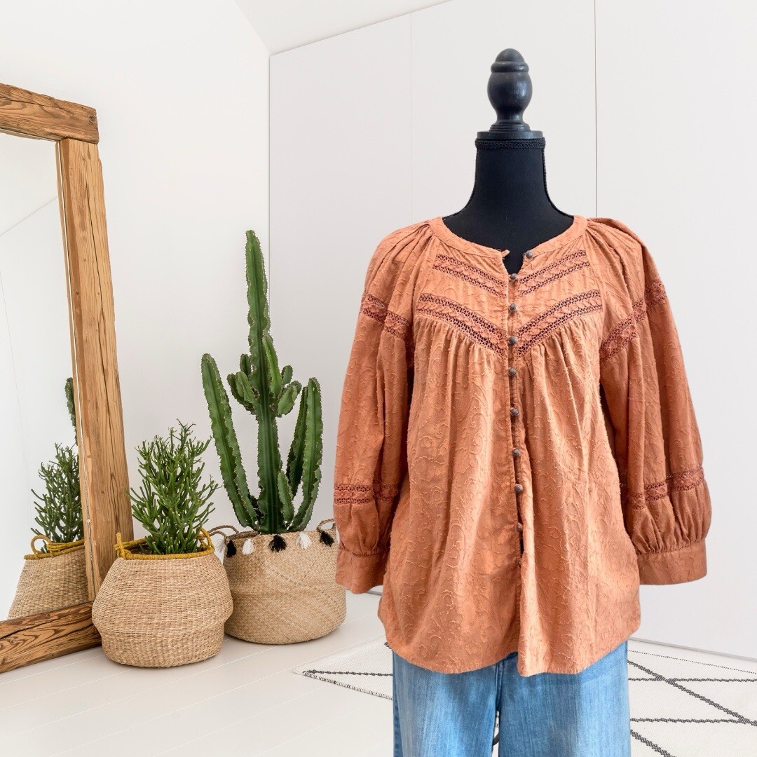 By Anthropologie Womens M Harmony Button Down Long Sleeve Top Orange Beige