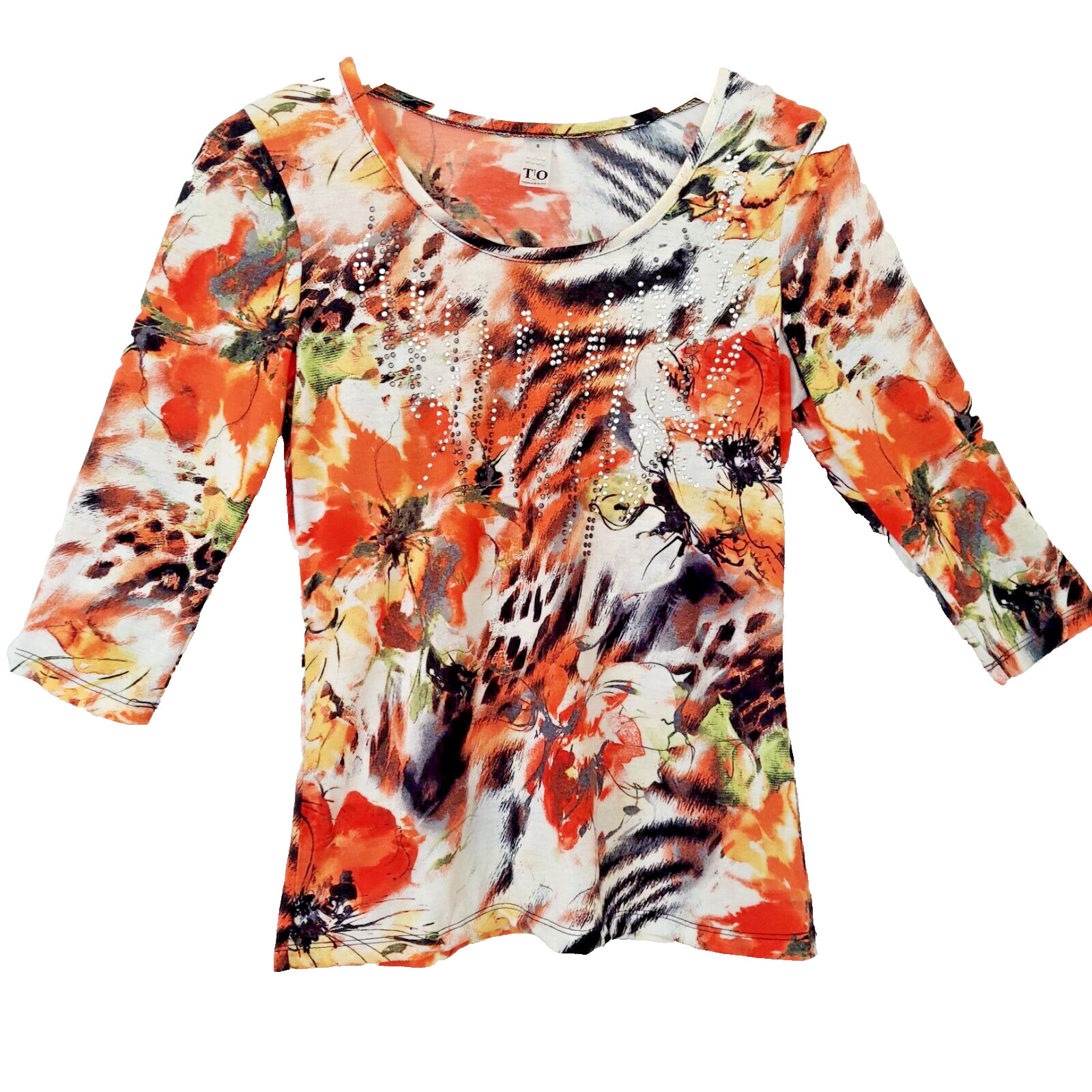 Embellished Top Size Small Studded Sequin Fall Colors Orange Gold White
