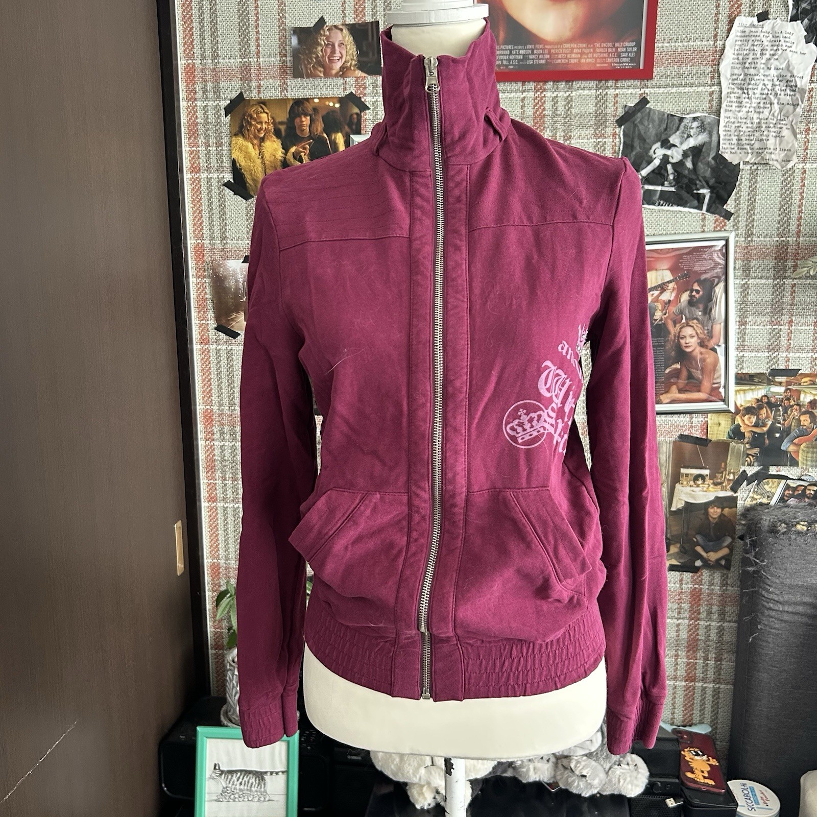 Wine Red Zip-Up Jacket High Neck Logo Embroidery Y2K Streetwear Casual