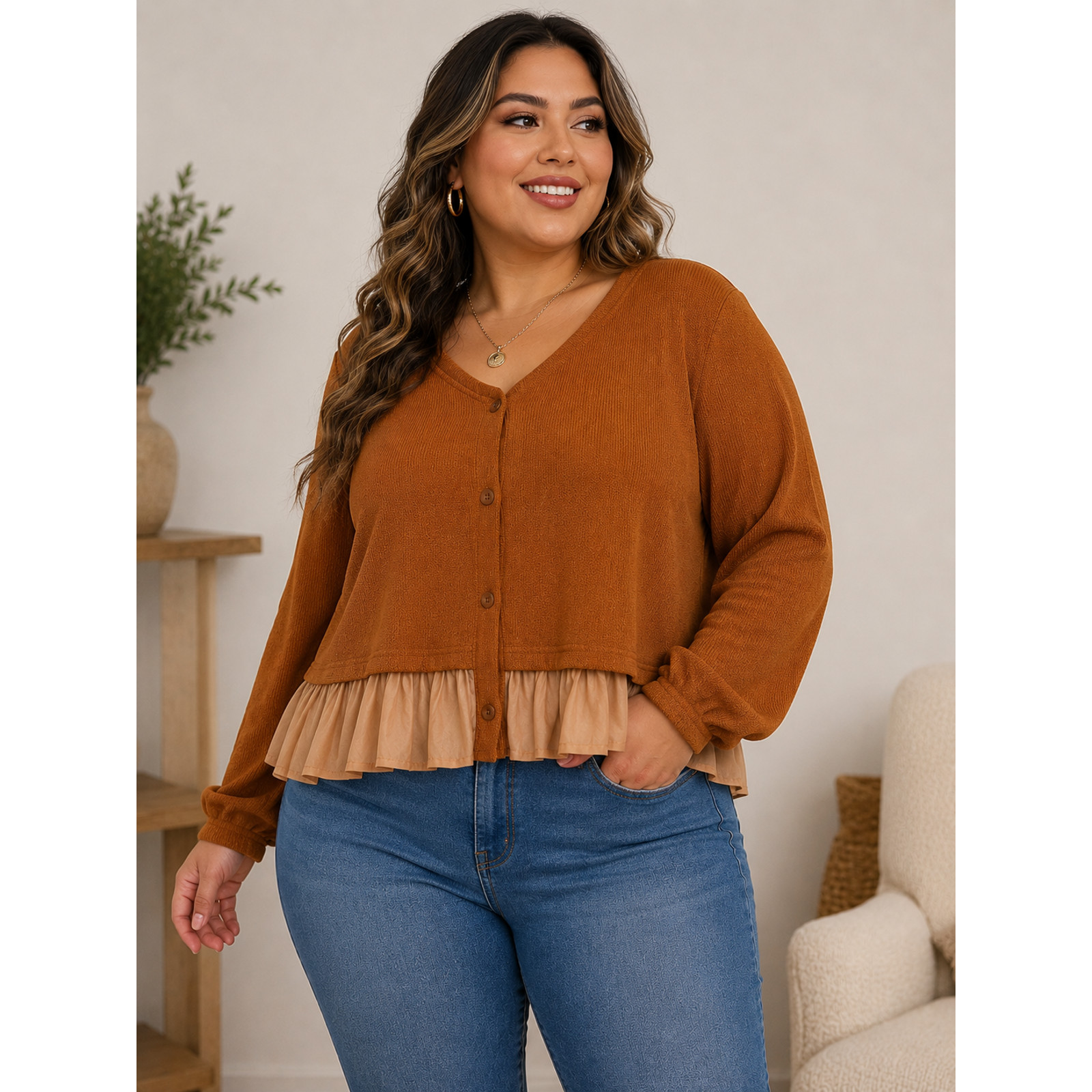 019 | Rust Button-Front Ruffle Hem Blouse | Tagged Size 3XL (Fits More Like 2XL)