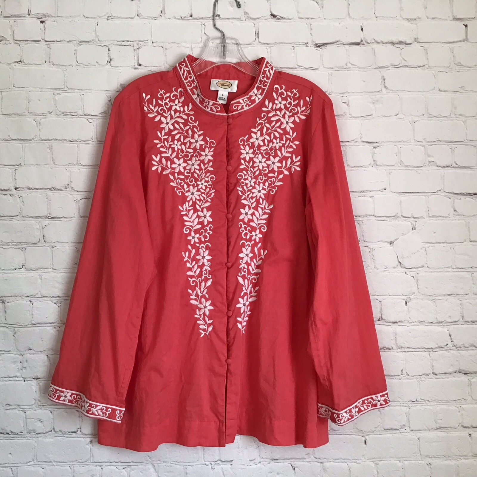 Talbots Embroidered Mandarin Collar Tunic Top Womans Large Long Sleeve Button Up